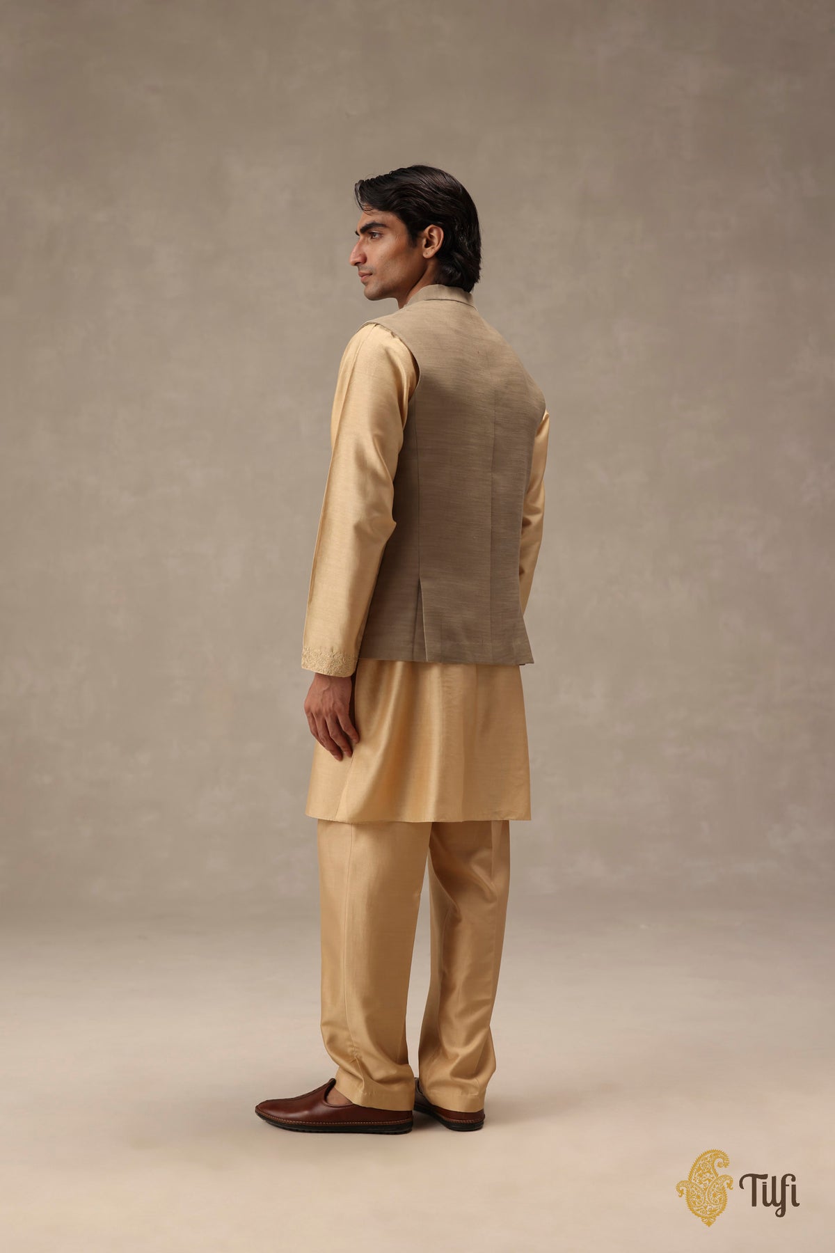 Beige-Grey Pure Raw Silk Handwoven Sadri