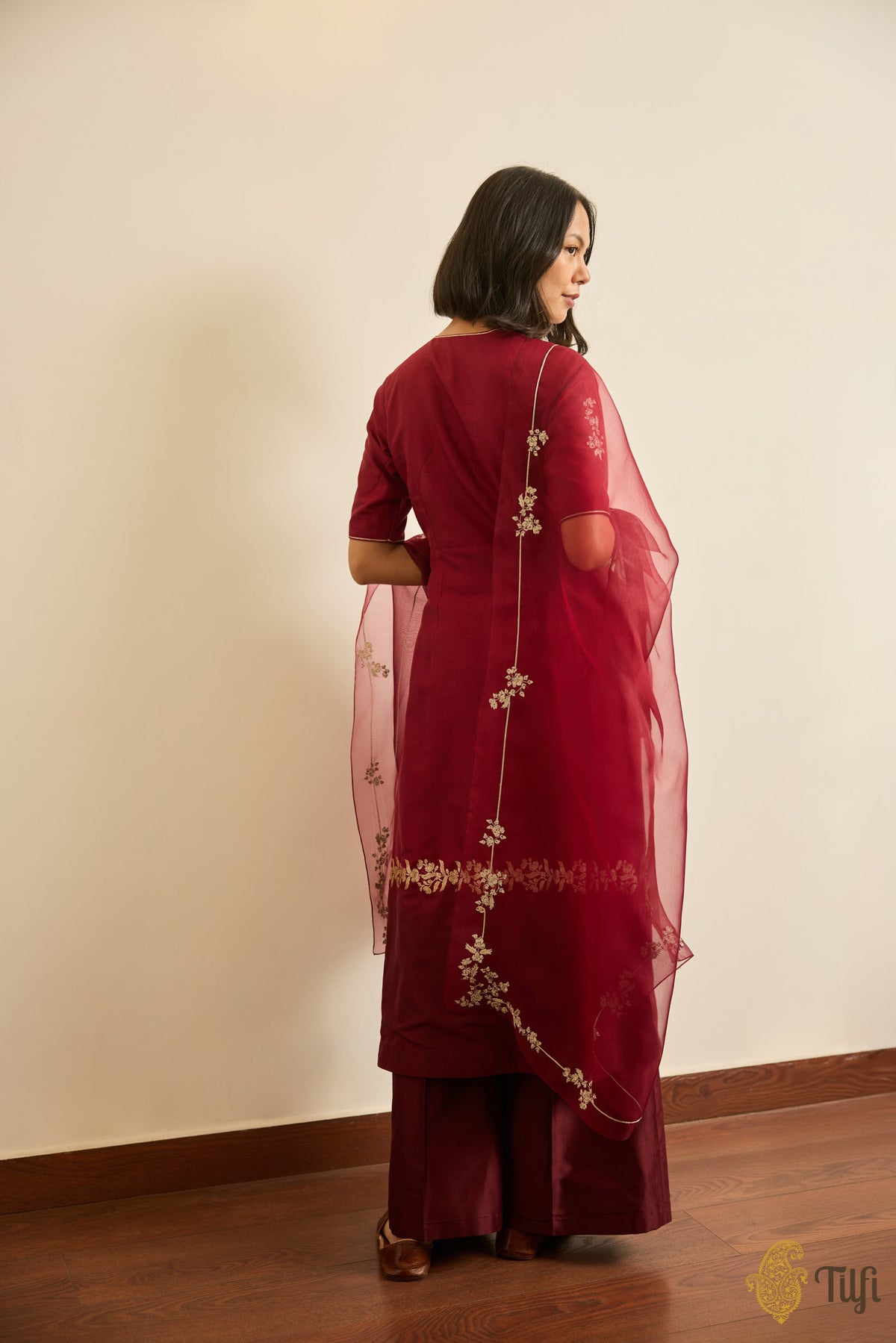 Maroon Pure Katan Silk Handwoven Kurta and Chanderi Pant Set with Hand-embroidered Dupatta