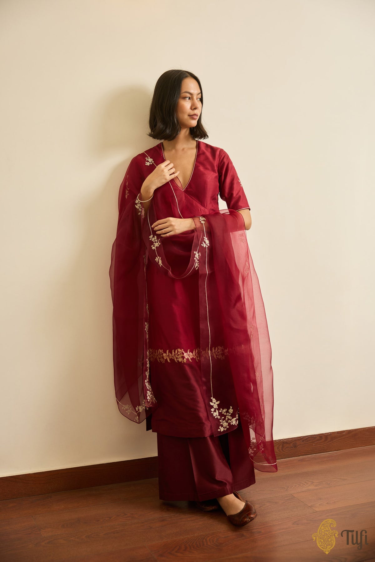 Maroon Pure Katan Silk Handwoven Kurta and Chanderi Pant Set with Hand-embroidered Dupatta