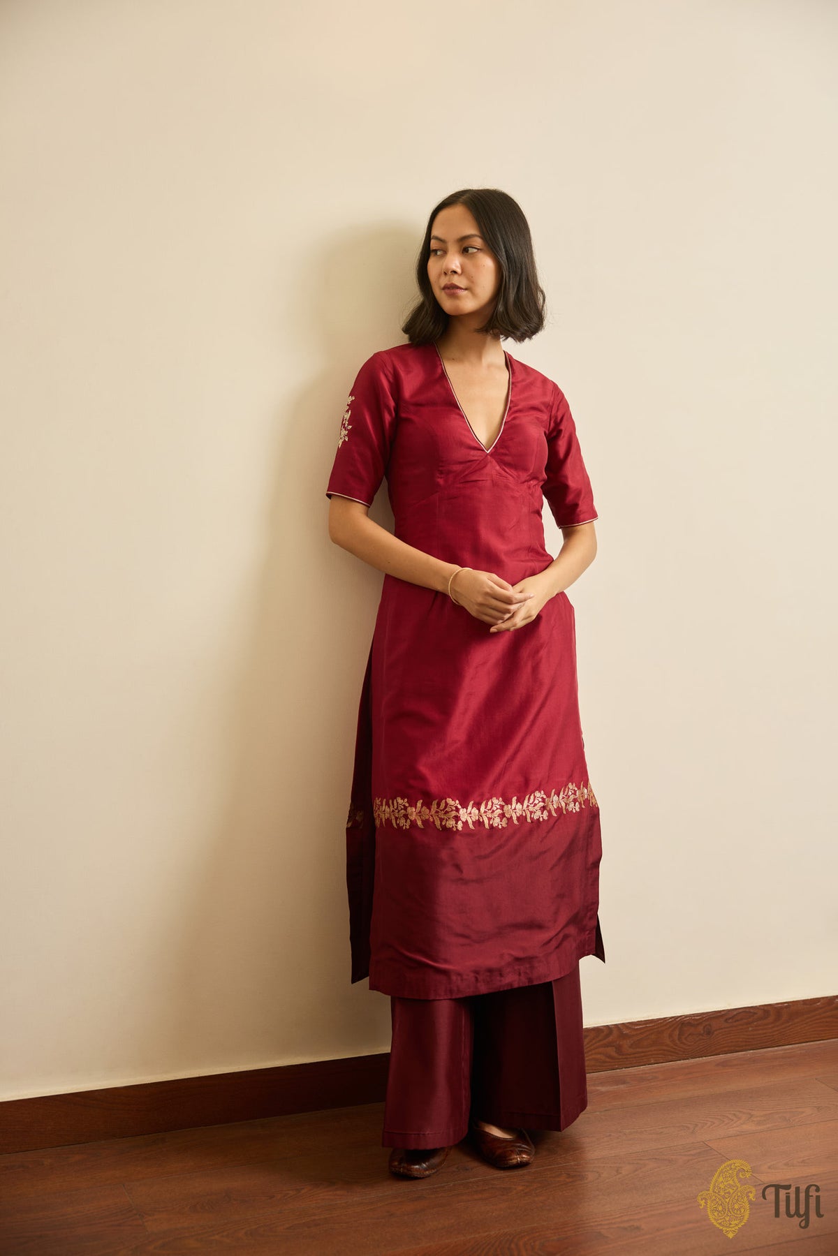 Maroon Pure Katan Silk Handwoven Kurta and Chanderi Pant Set with Hand-embroidered Dupatta