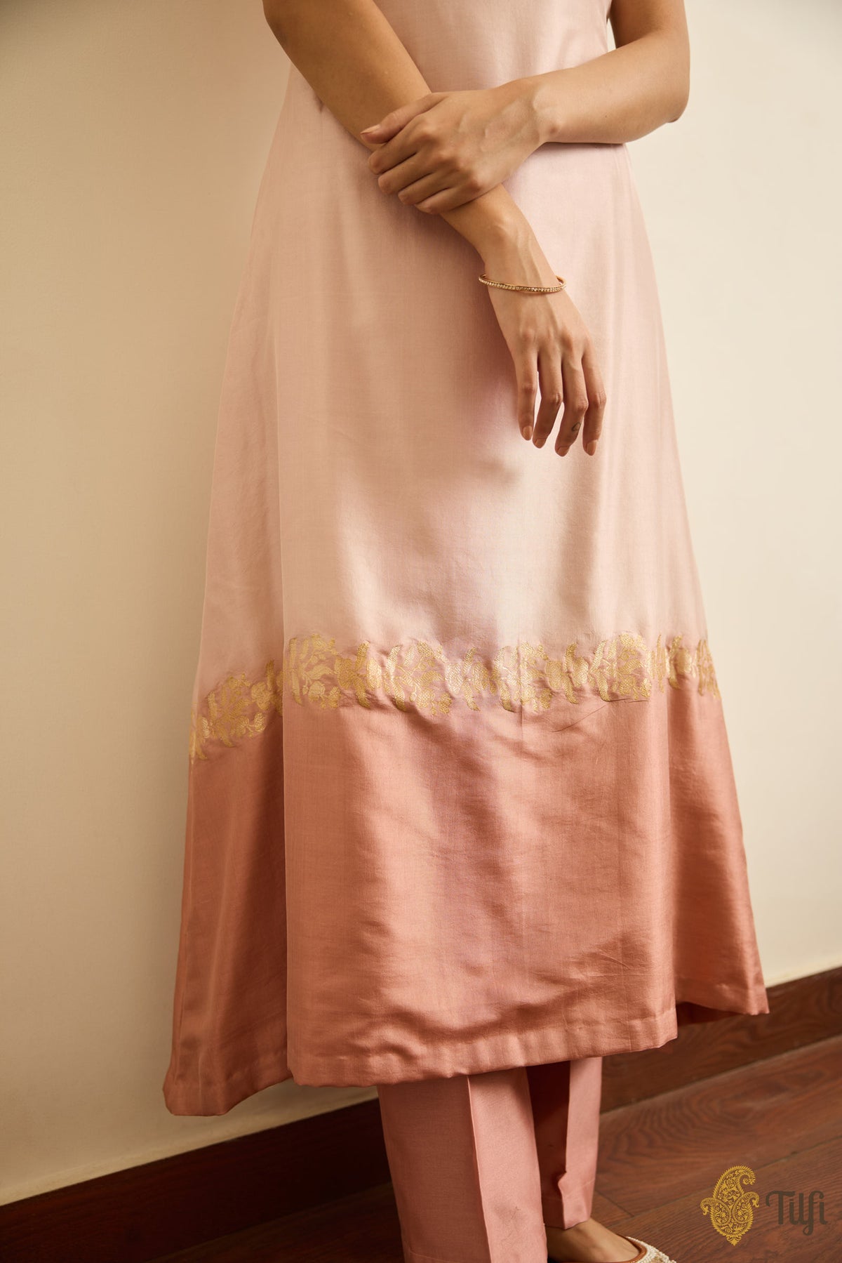 Light Pink Pure Katan Silk Handwoven Kurta and Pure Chanderi Pant Set with Hand-embroidered Dupatta