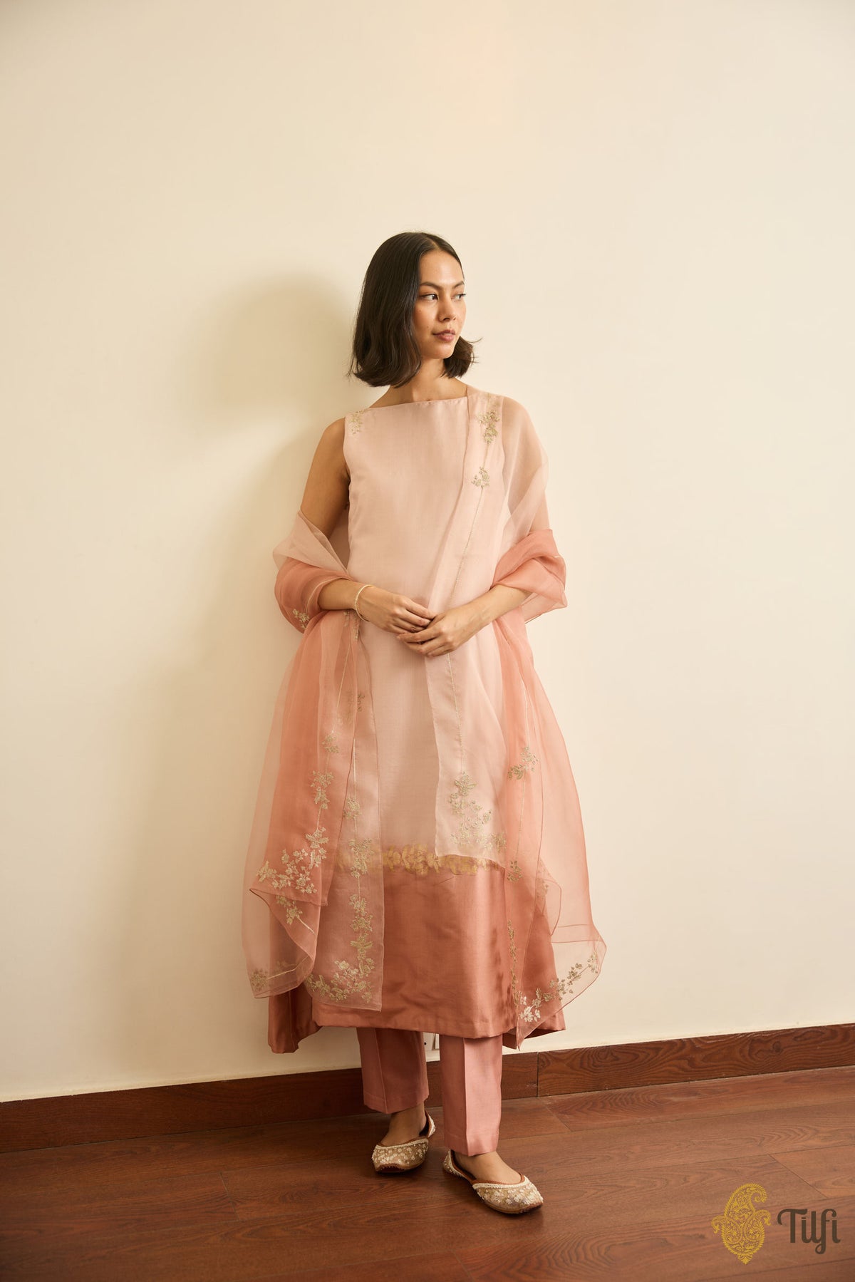 Light Pink Pure Katan Silk Handwoven Kurta and Pure Chanderi Pant Set with Hand-embroidered Dupatta