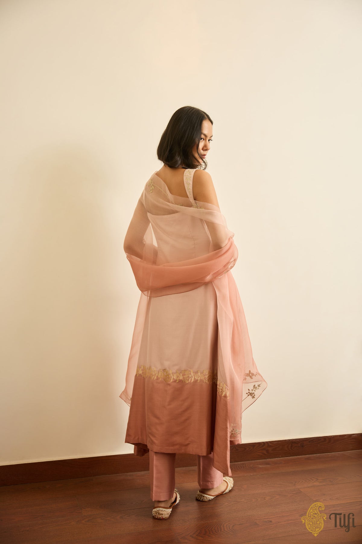 Light Pink Pure Katan Silk Handwoven Kurta and Pure Chanderi Pant Set with Hand-embroidered Dupatta