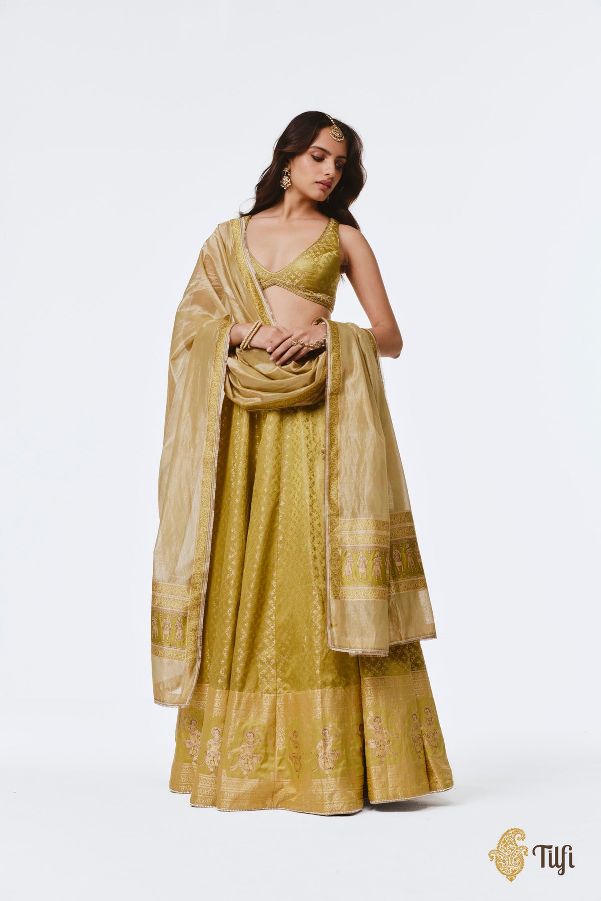 'Mohini' Green Pure Satin Silk Tissue Lehenga Set