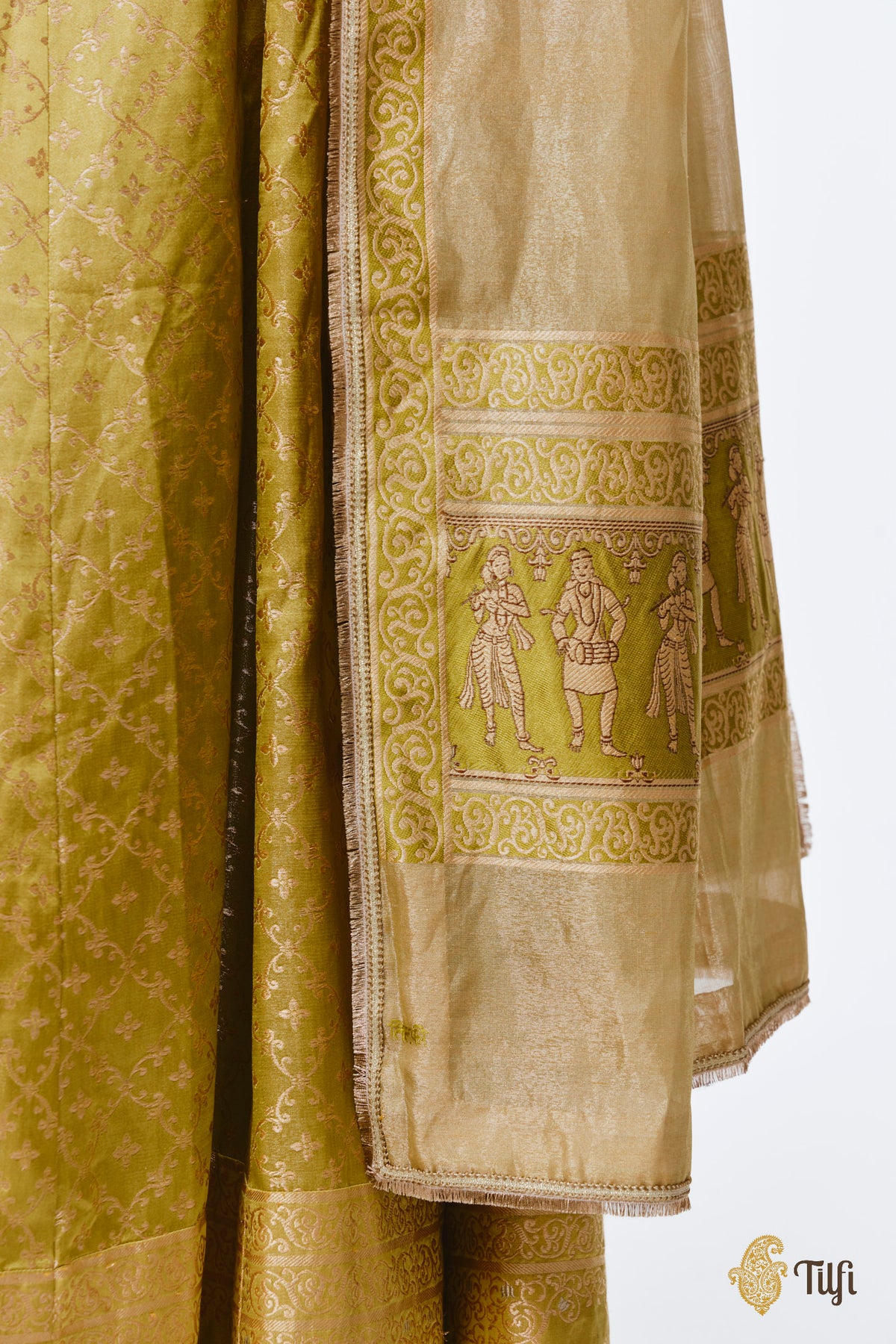 'Mohini' Green Pure Satin Silk Tissue Lehenga Set