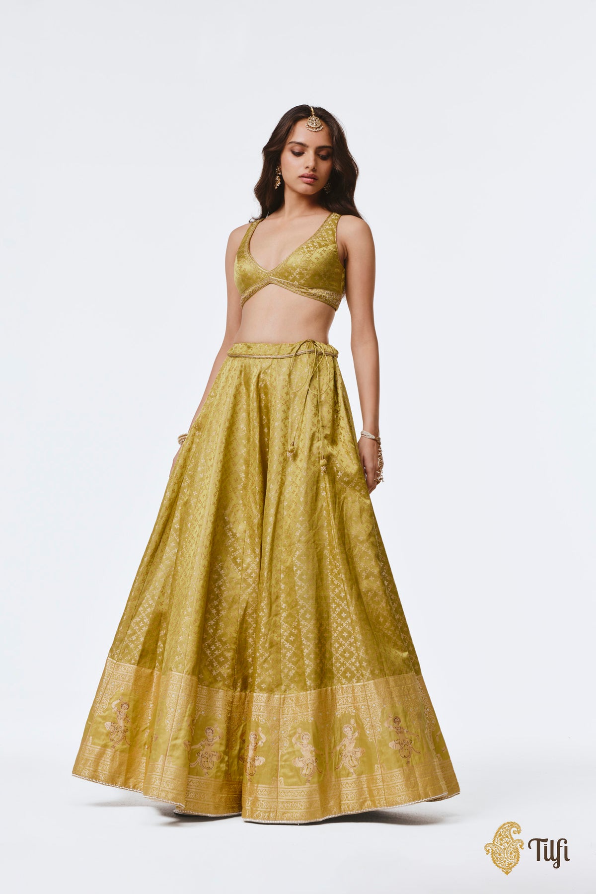 'Mohini' Green Pure Satin Silk Tissue Lehenga Set