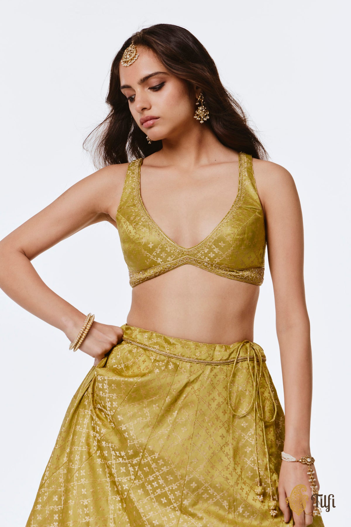 'Mohini' Green Pure Satin Silk Tissue Lehenga Set