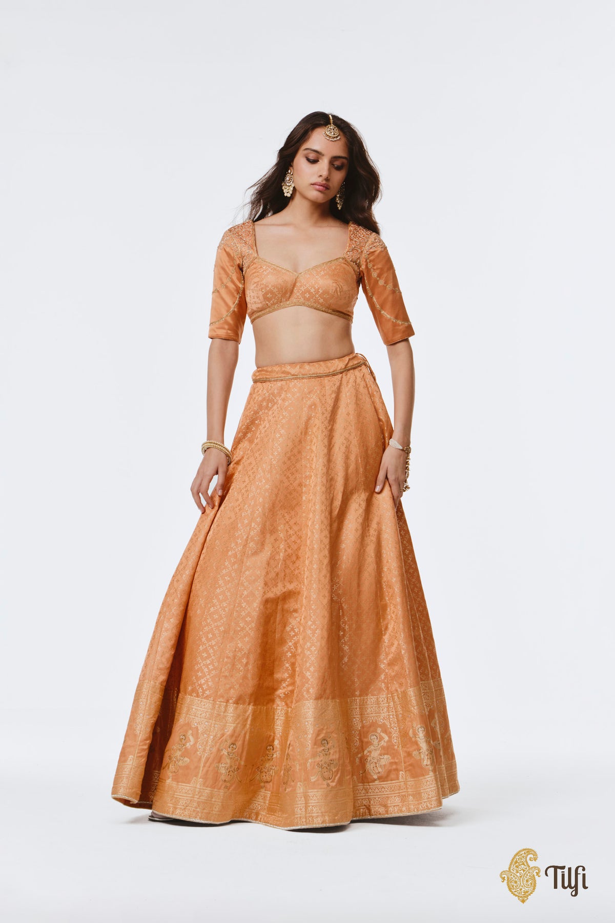 'Mohini' Peach Pure Satin Silk Tissue Lehenga Set