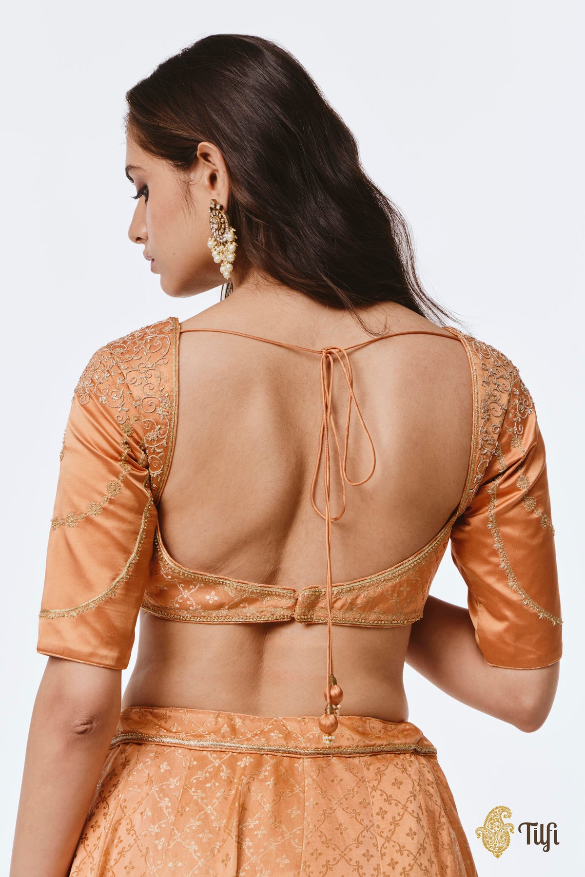'Mohini' Peach Pure Satin Silk Tissue Lehenga Set