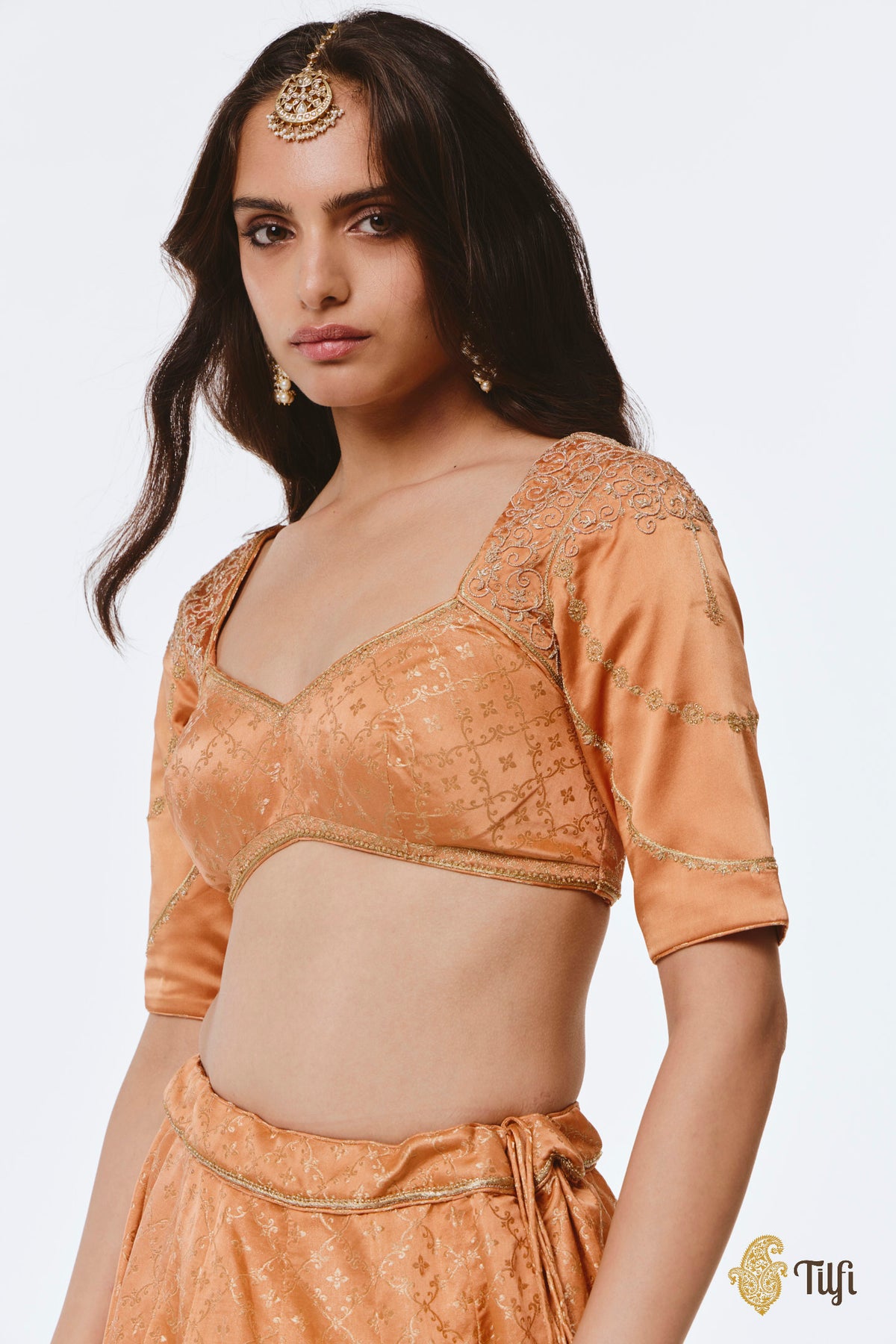 'Mohini' Peach Pure Satin Silk Tissue Lehenga Set