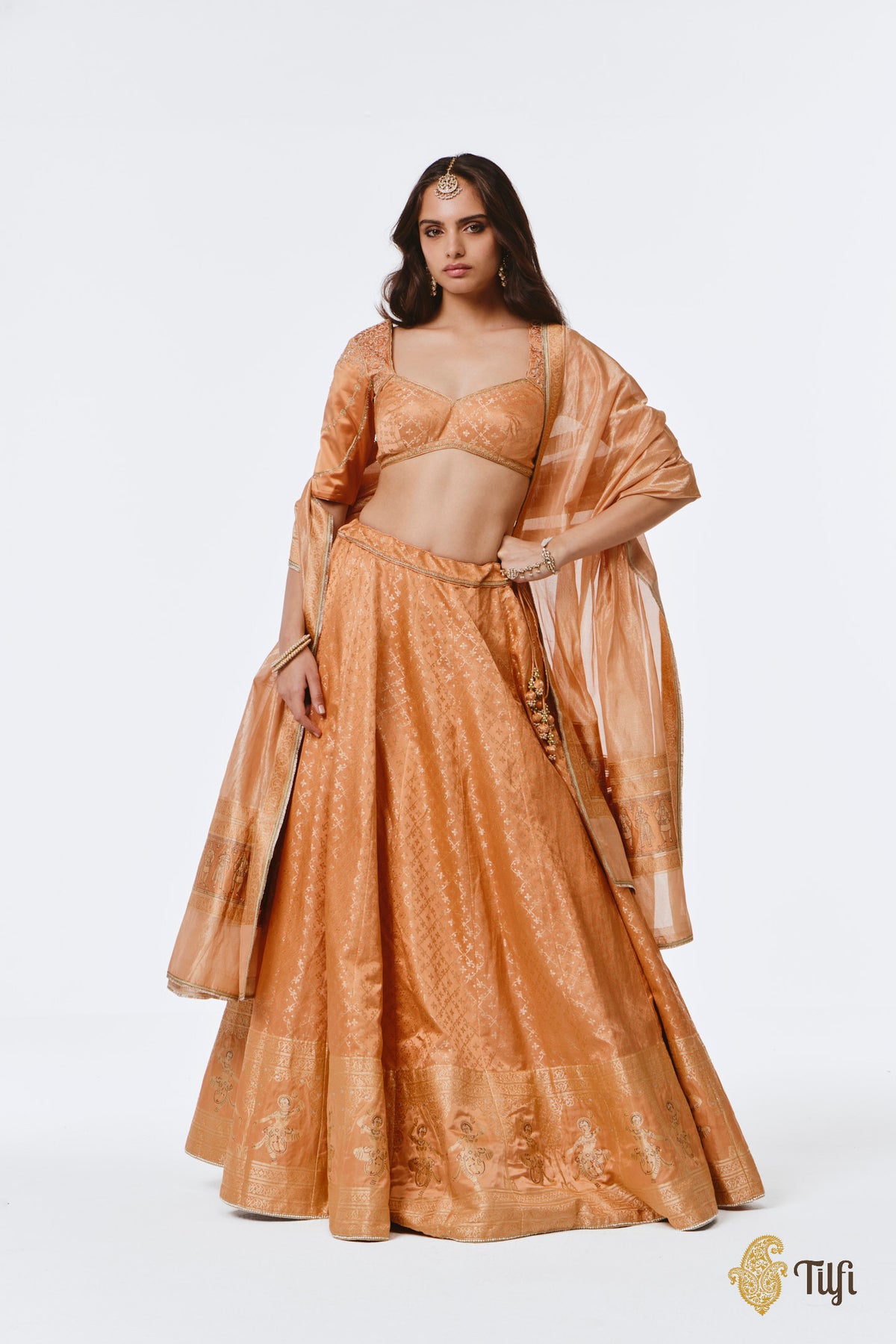 'Mohini' Peach Pure Satin Silk Tissue Lehenga Set