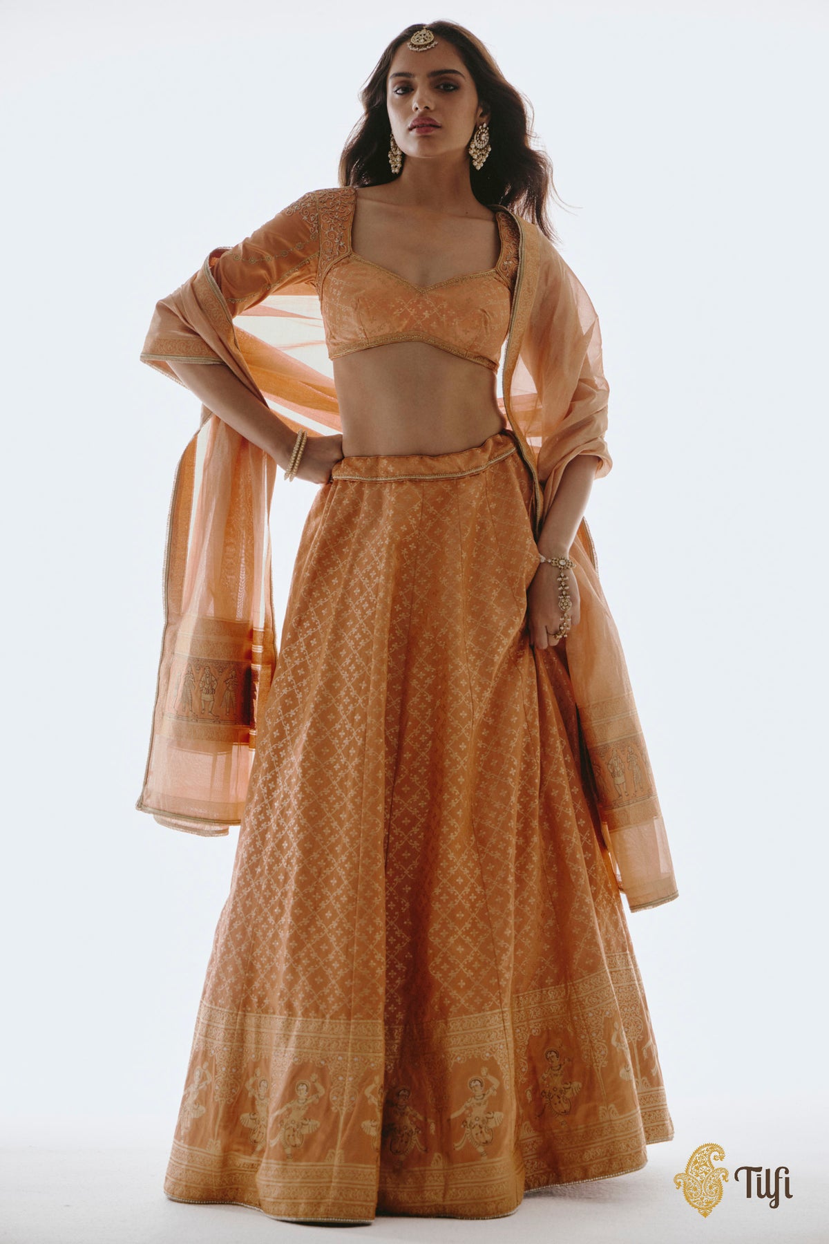'Mohini' Peach Pure Satin Silk Tissue Lehenga Set