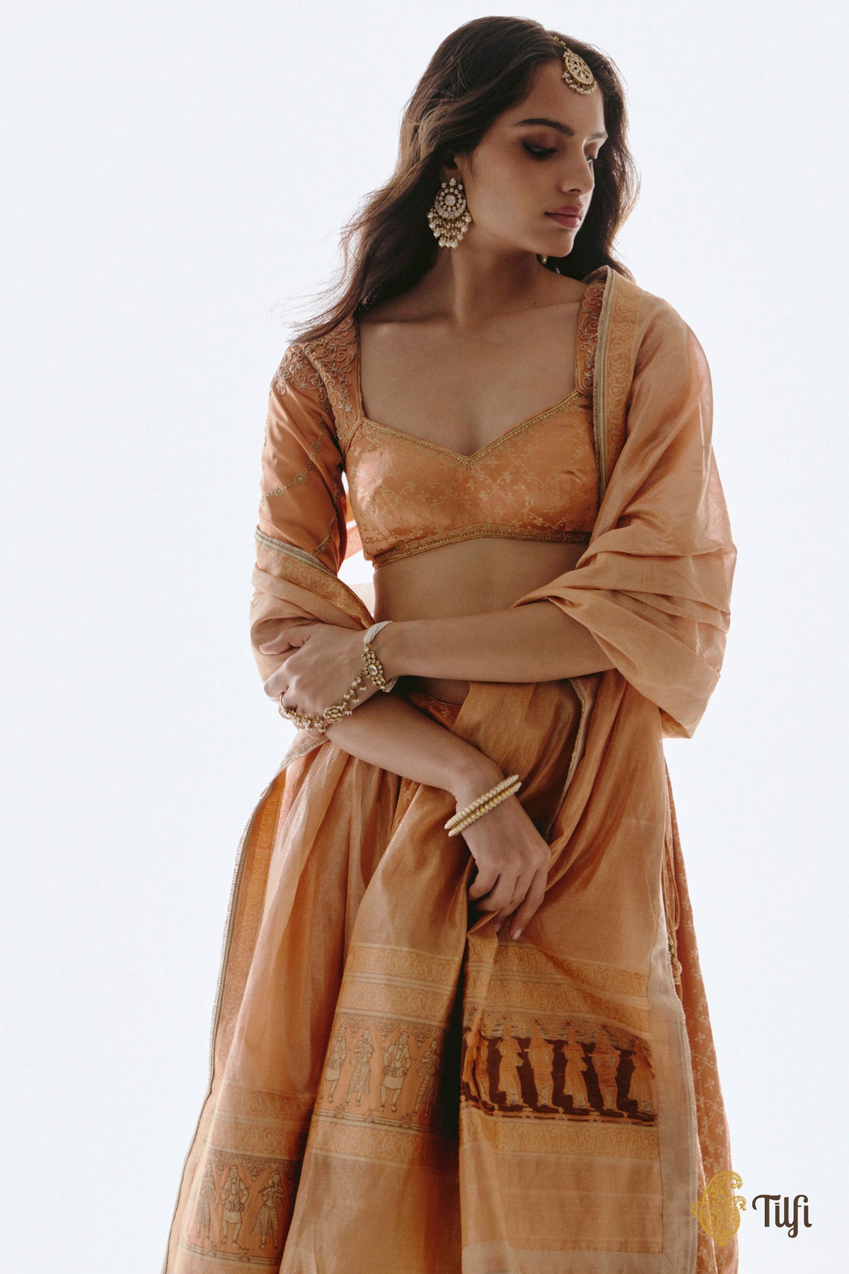 'Mohini' Peach Pure Satin Silk Tissue Lehenga Set
