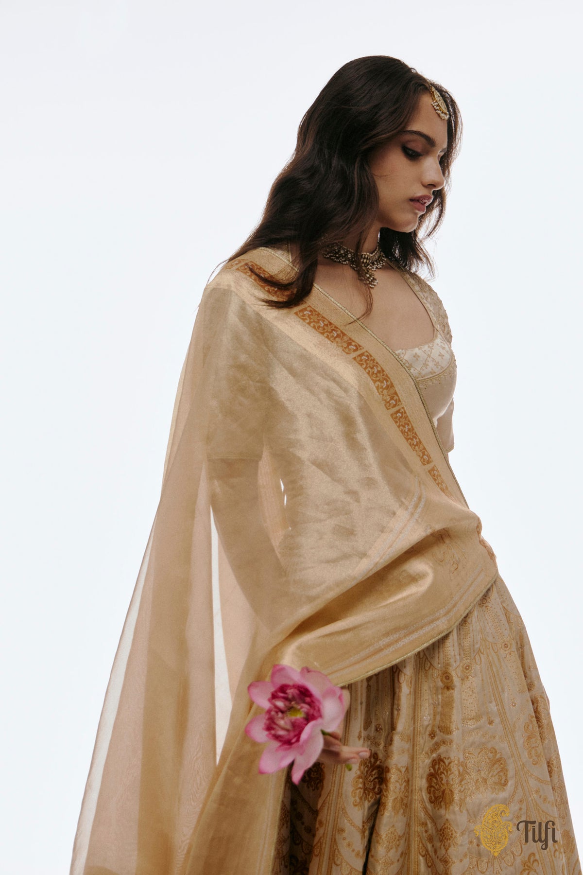 'Amrapali' Off-White Pure Satin Tissue Hand-Embroidered Banarasi Handloom Lehenga Set