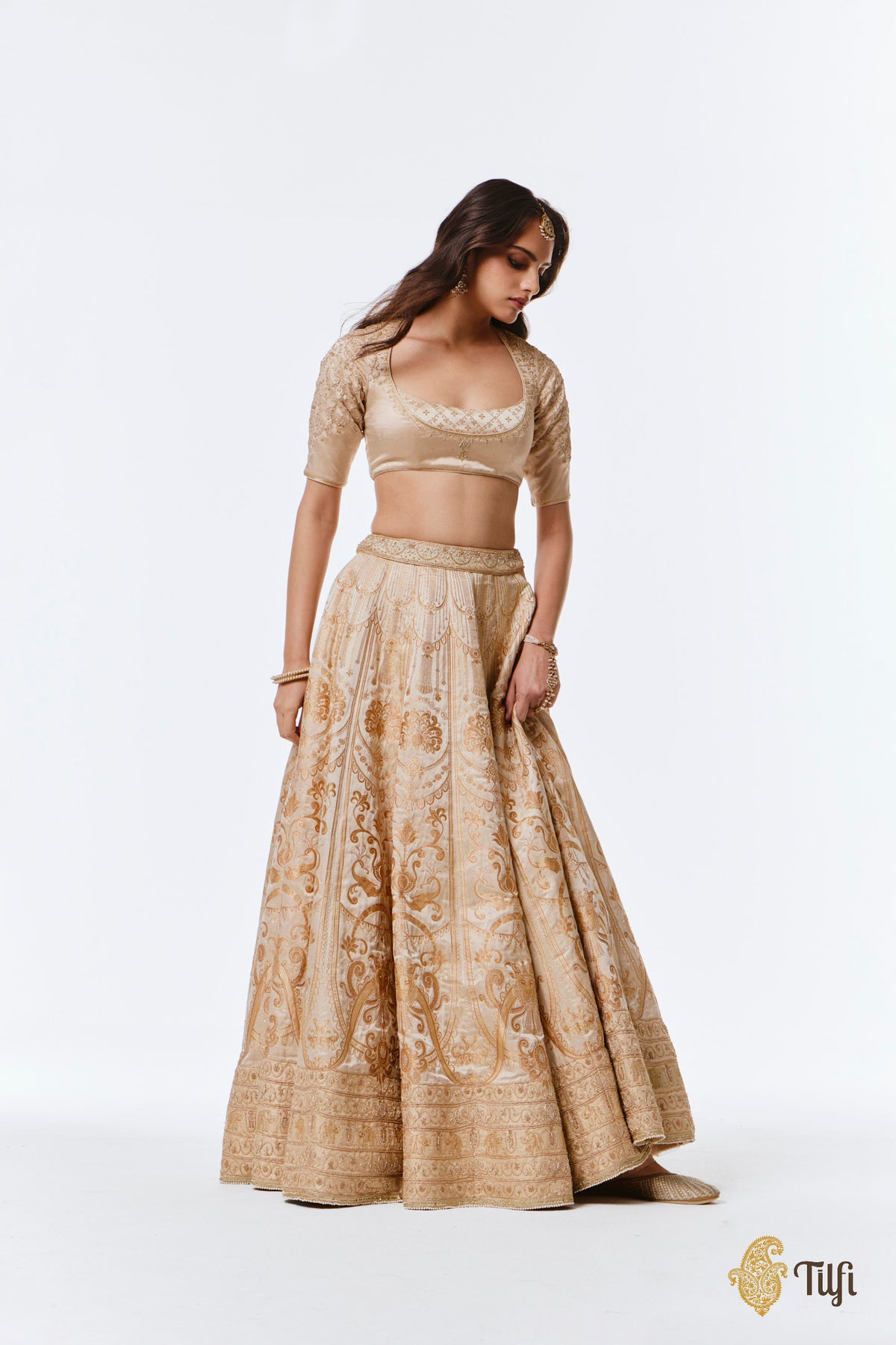 'Amrapali' Off-White Pure Satin Tissue Hand-Embroidered Banarasi Handloom Lehenga Set