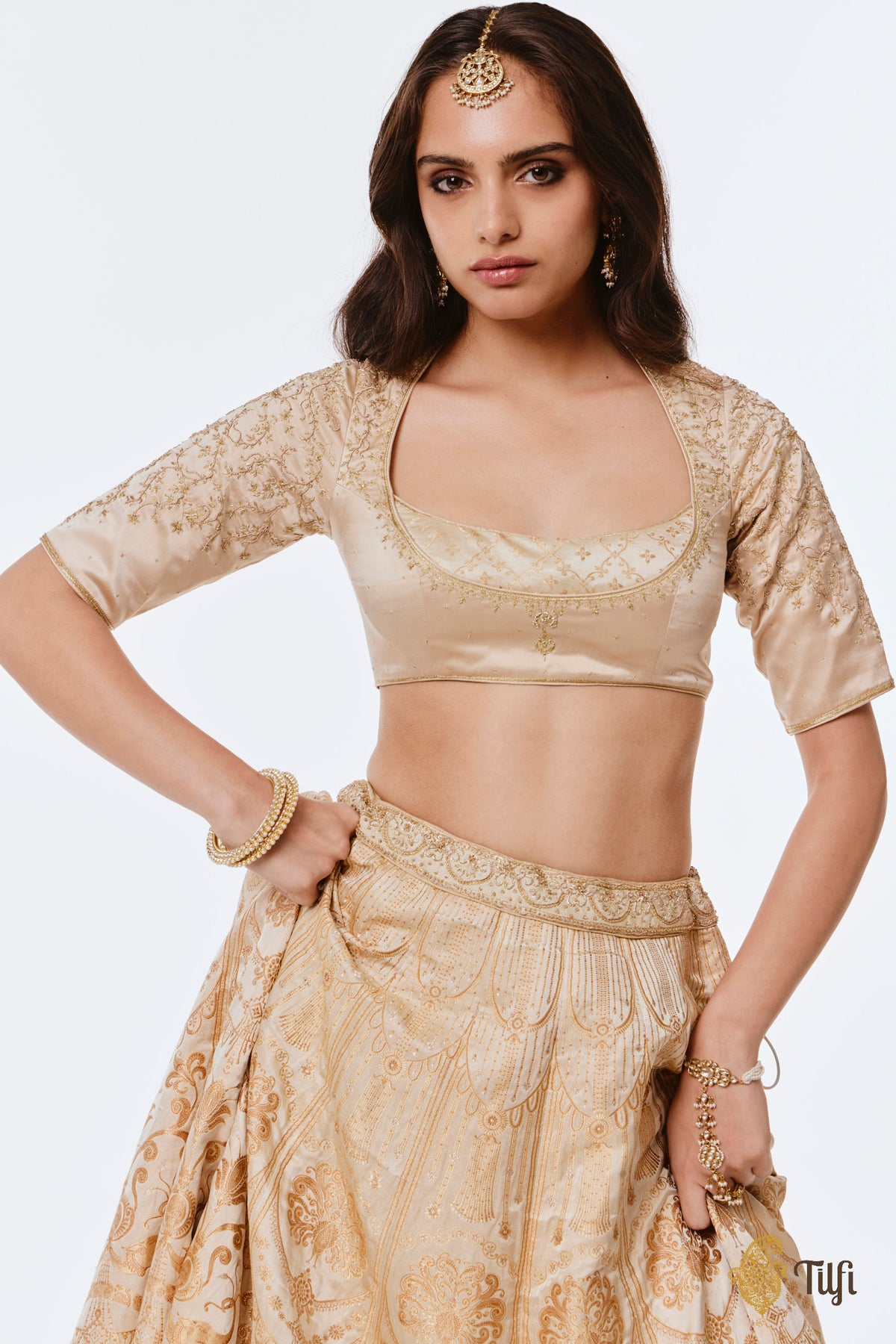 'Amrapali' Off-White Pure Satin Tissue Hand-Embroidered Banarasi Handloom Lehenga Set