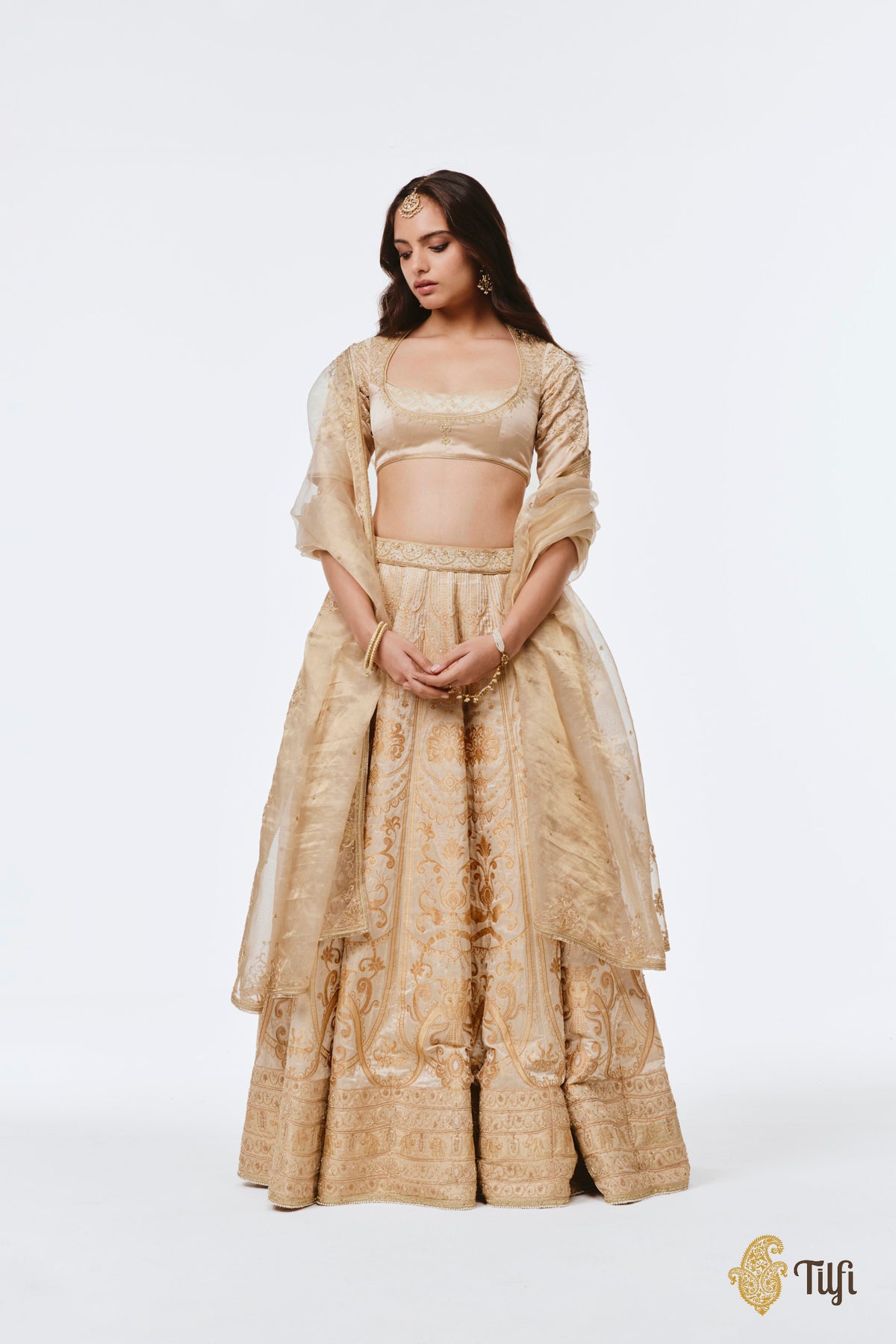 'Amrapali' Off-White Pure Satin Tissue Hand-Embroidered Banarasi Handloom Lehenga Set