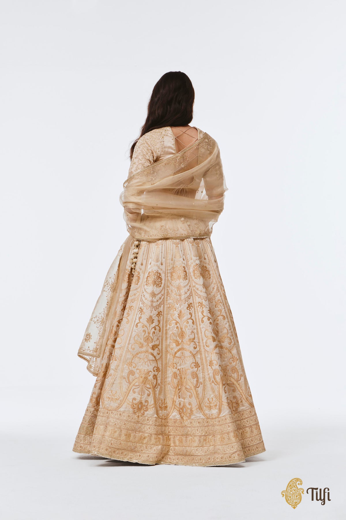 'Amrapali' Off-White Pure Satin Tissue Hand-Embroidered Banarasi Handloom Lehenga Set