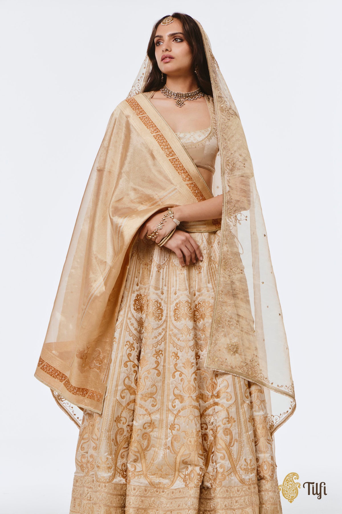 'Amrapali' Off-White Pure Satin Tissue Hand-Embroidered Banarasi Handloom Lehenga Set