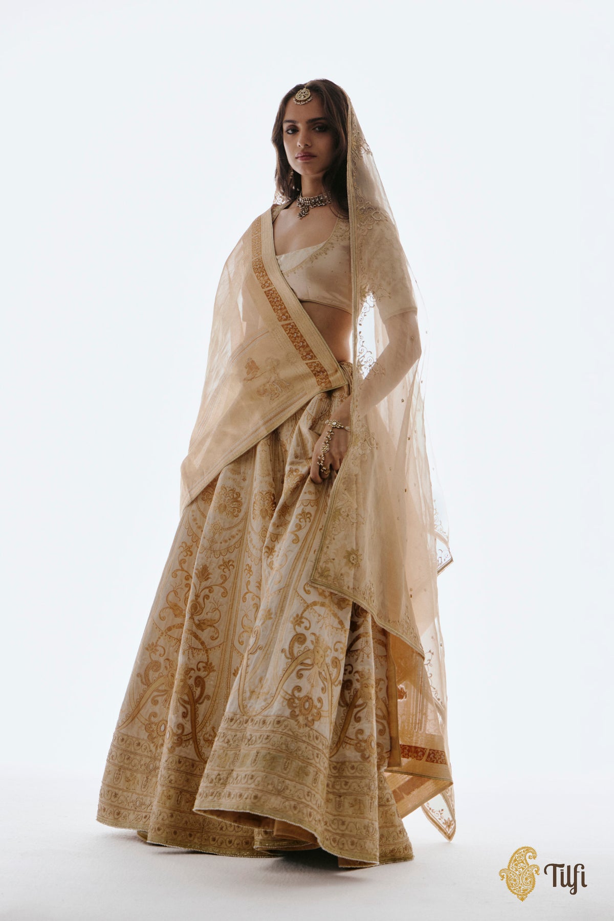 'Amrapali' Off-White Pure Satin Tissue Hand-Embroidered Banarasi Handloom Lehenga Set