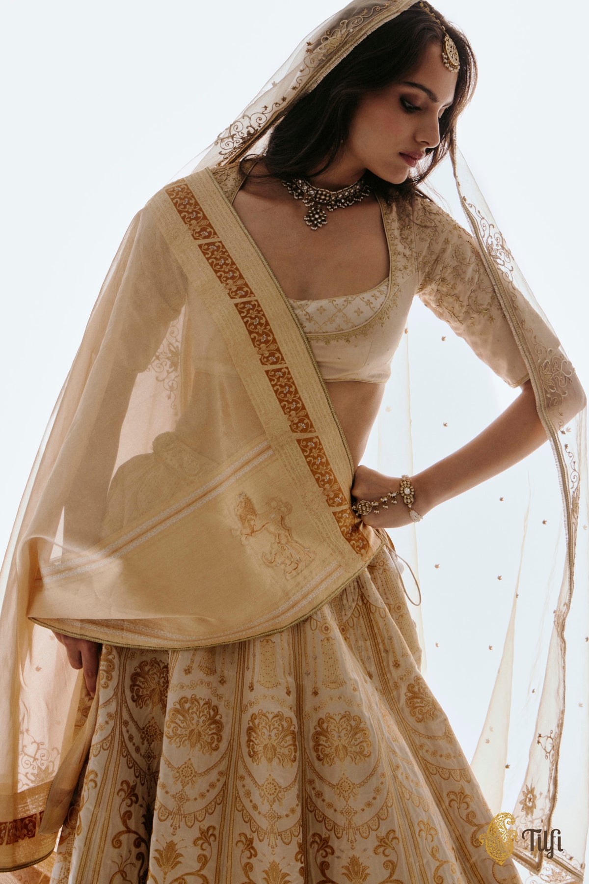 'Amrapali' Off-White Pure Satin Tissue Hand-Embroidered Banarasi Handloom Lehenga Set