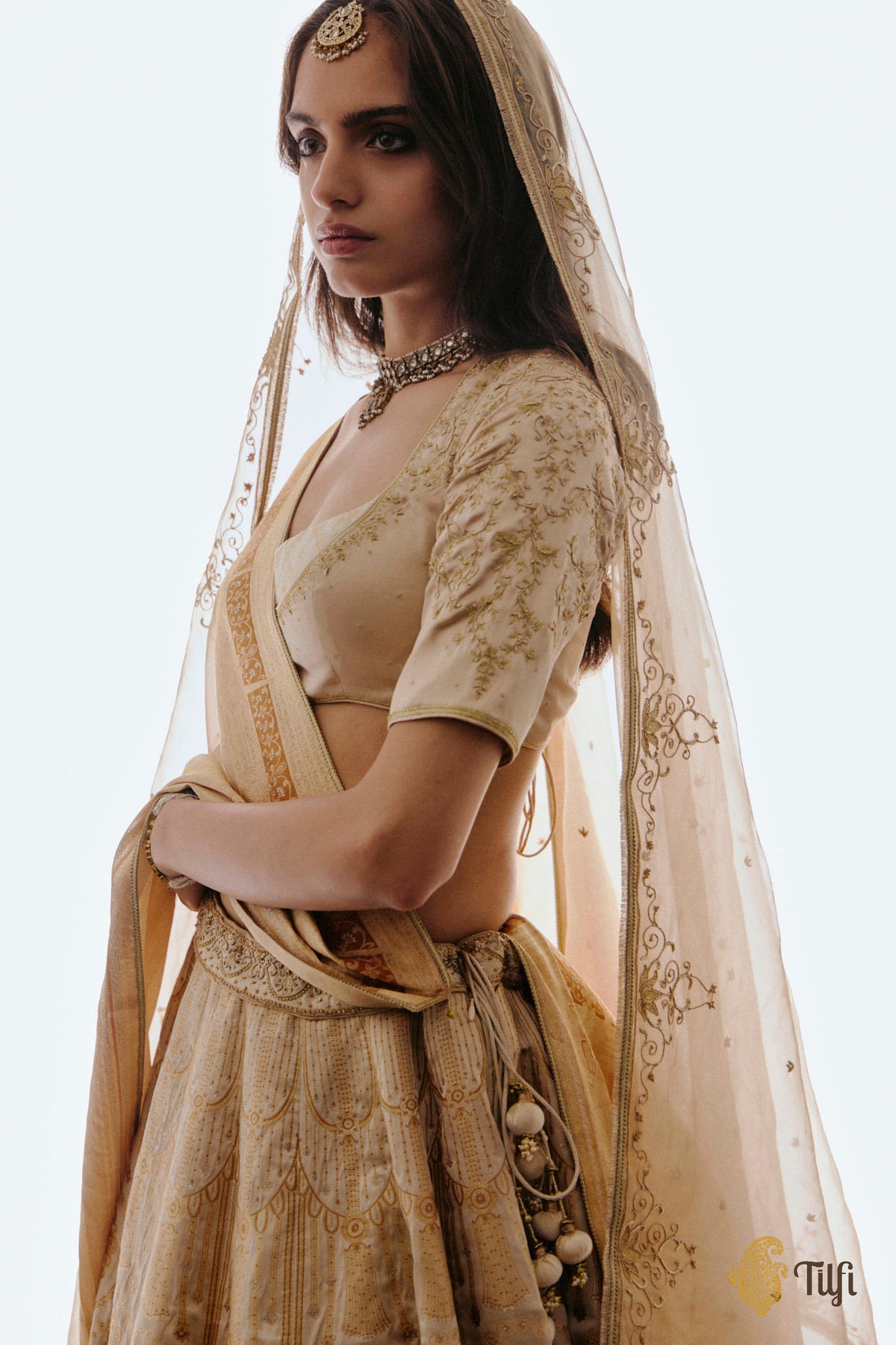 'Amrapali' Off-White Pure Satin Tissue Hand-Embroidered Banarasi Handloom Lehenga Set