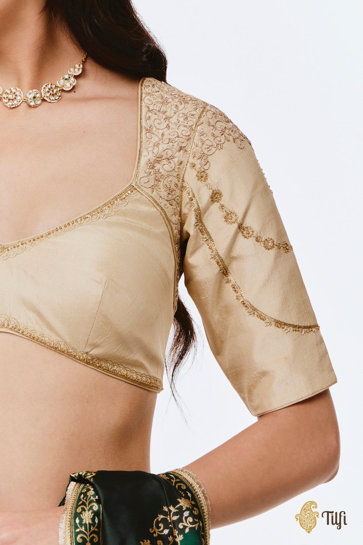Off-White Pure Raw Silk Hand-Embroidered Blouse