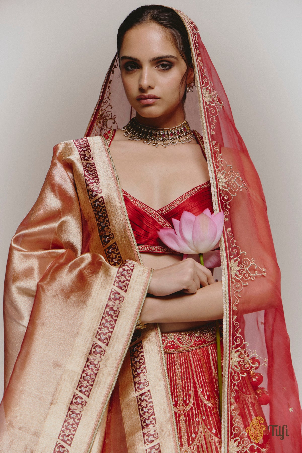 'Amrapali' Red Pure Satin Tissue Hand-Embroidered Banarasi Handloom Lehenga Set