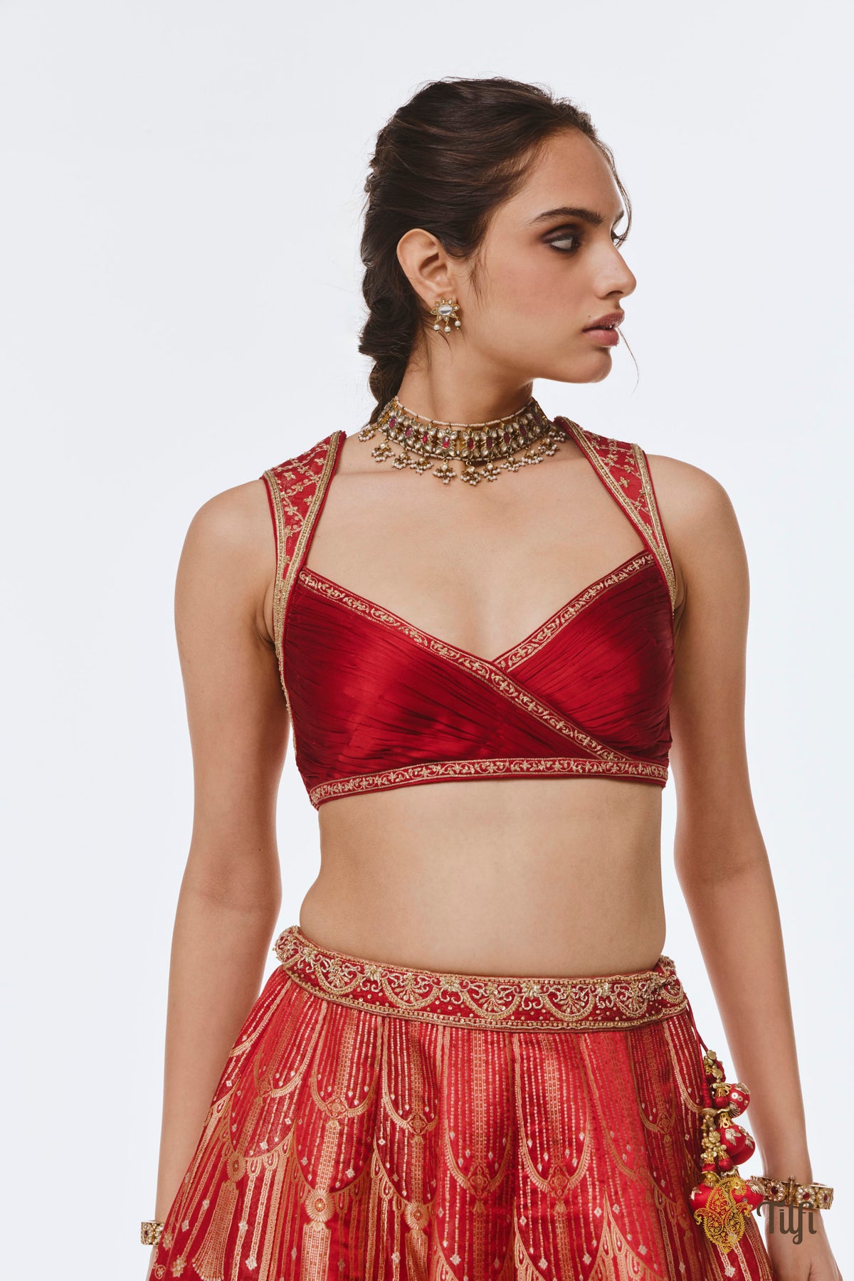 'Amrapali' Red Pure Satin Tissue Hand-Embroidered Banarasi Handloom Lehenga Set