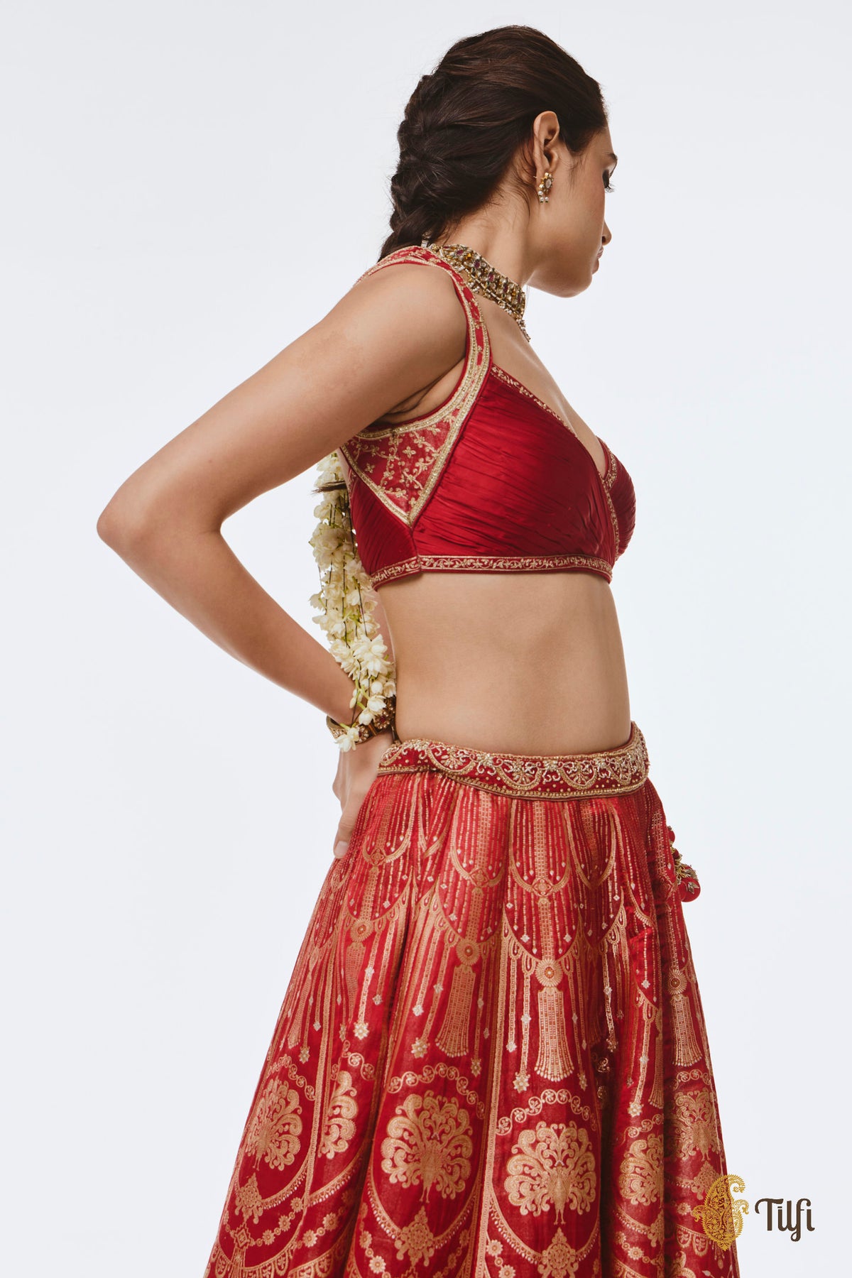 'Amrapali' Red Pure Satin Tissue Hand-Embroidered Banarasi Handloom Lehenga Set