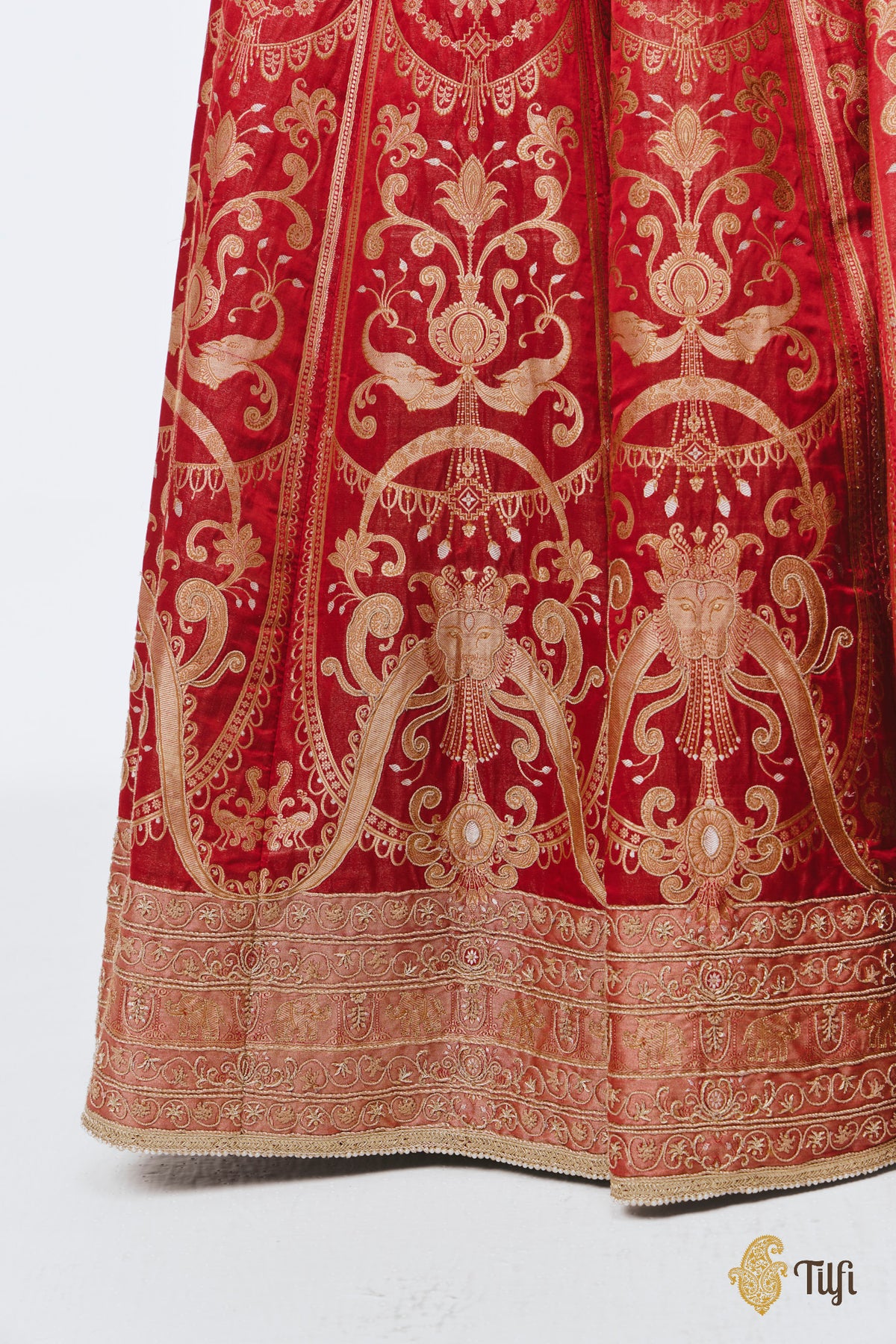 'Amrapali' Red Pure Satin Tissue Hand-Embroidered Banarasi Handloom Lehenga Set