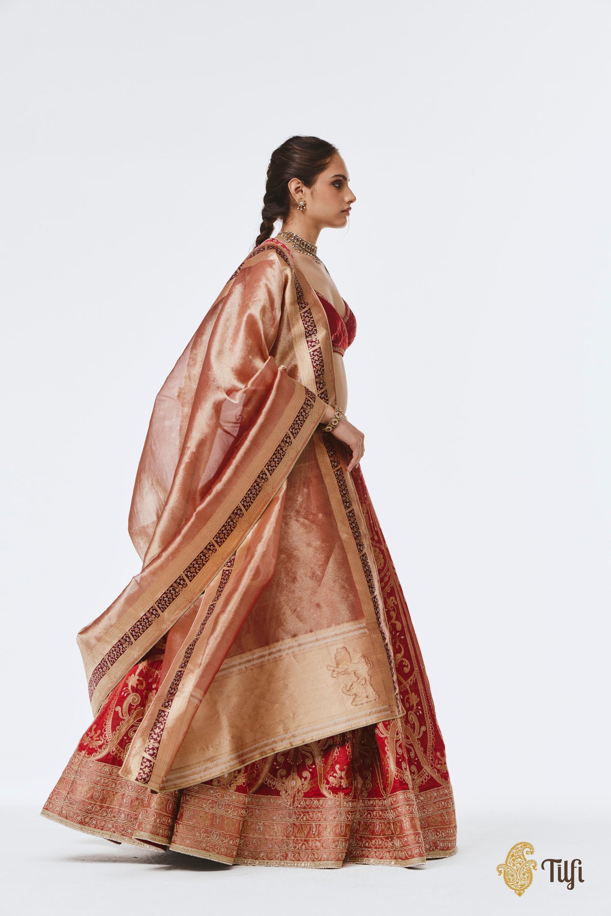 'Amrapali' Red Pure Satin Tissue Hand-Embroidered Banarasi Handloom Lehenga Set