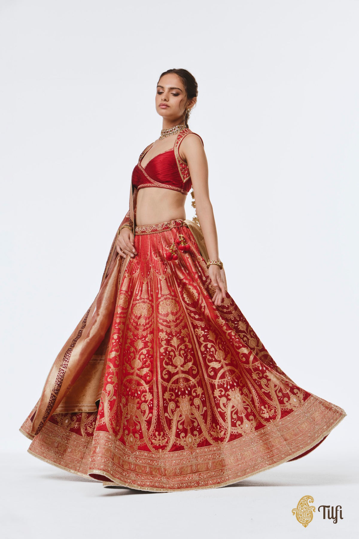 'Amrapali' Red Pure Satin Tissue Hand-Embroidered Banarasi Handloom Lehenga Set