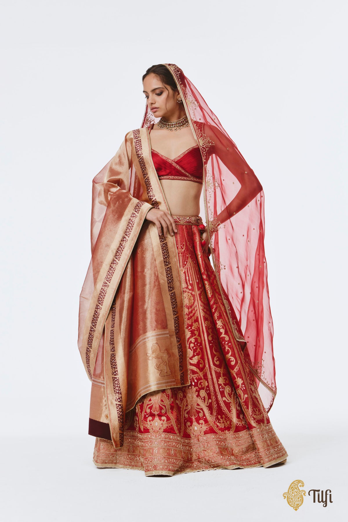 'Amrapali' Red Pure Satin Tissue Hand-Embroidered Banarasi Handloom Lehenga Set
