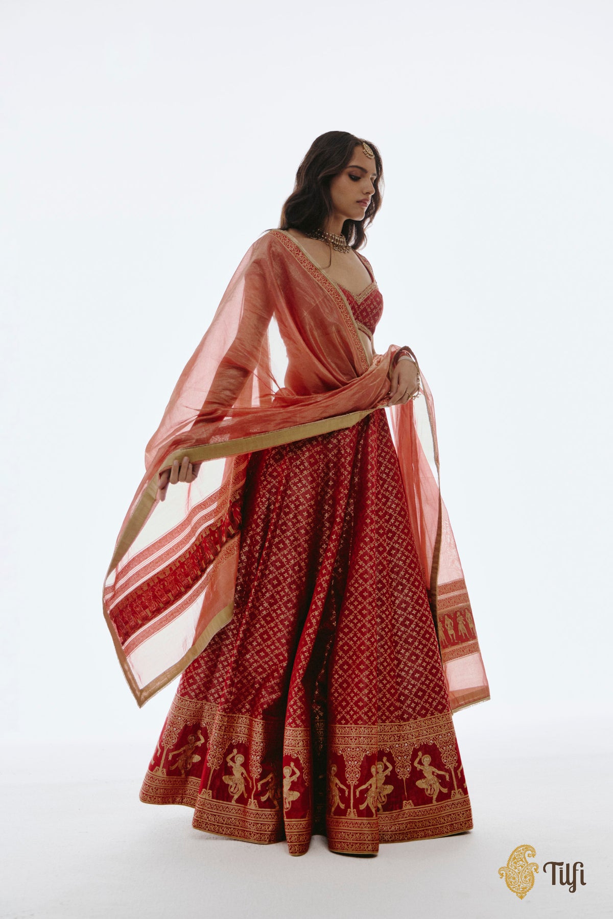 'Mohini' Red Pure Satin Silk Tissue Lehenga Set