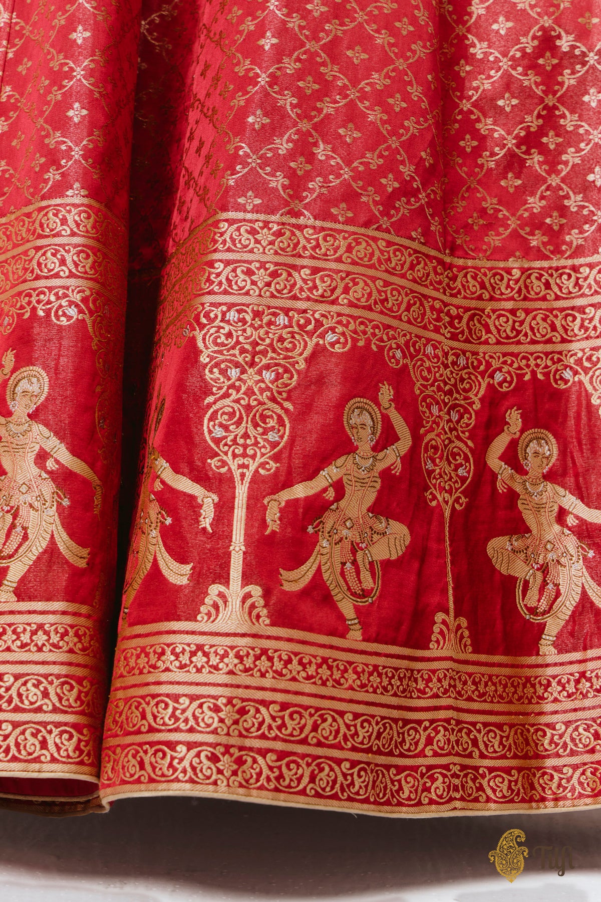 'Mohini' Red Pure Satin Silk Tissue Lehenga Set