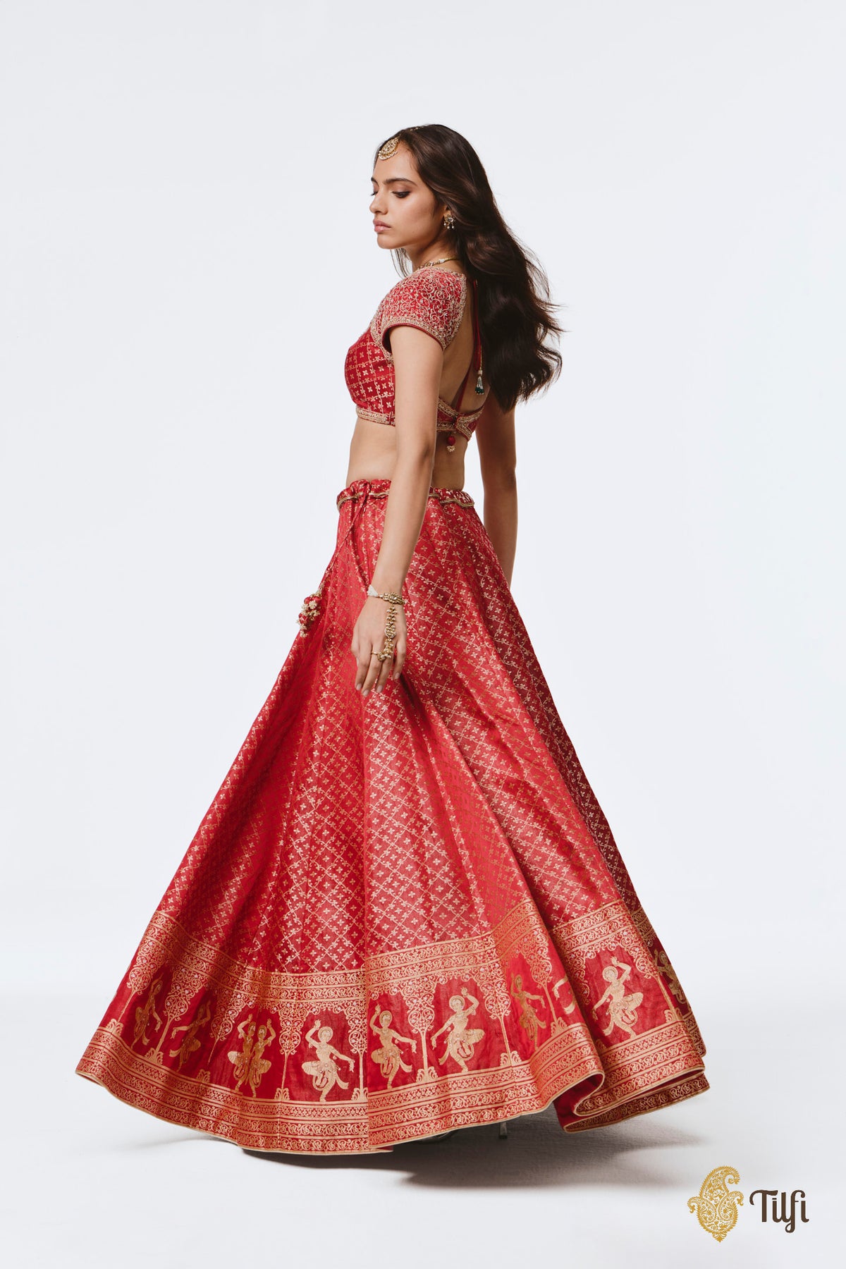 'Mohini' Red Pure Satin Silk Tissue Lehenga Set