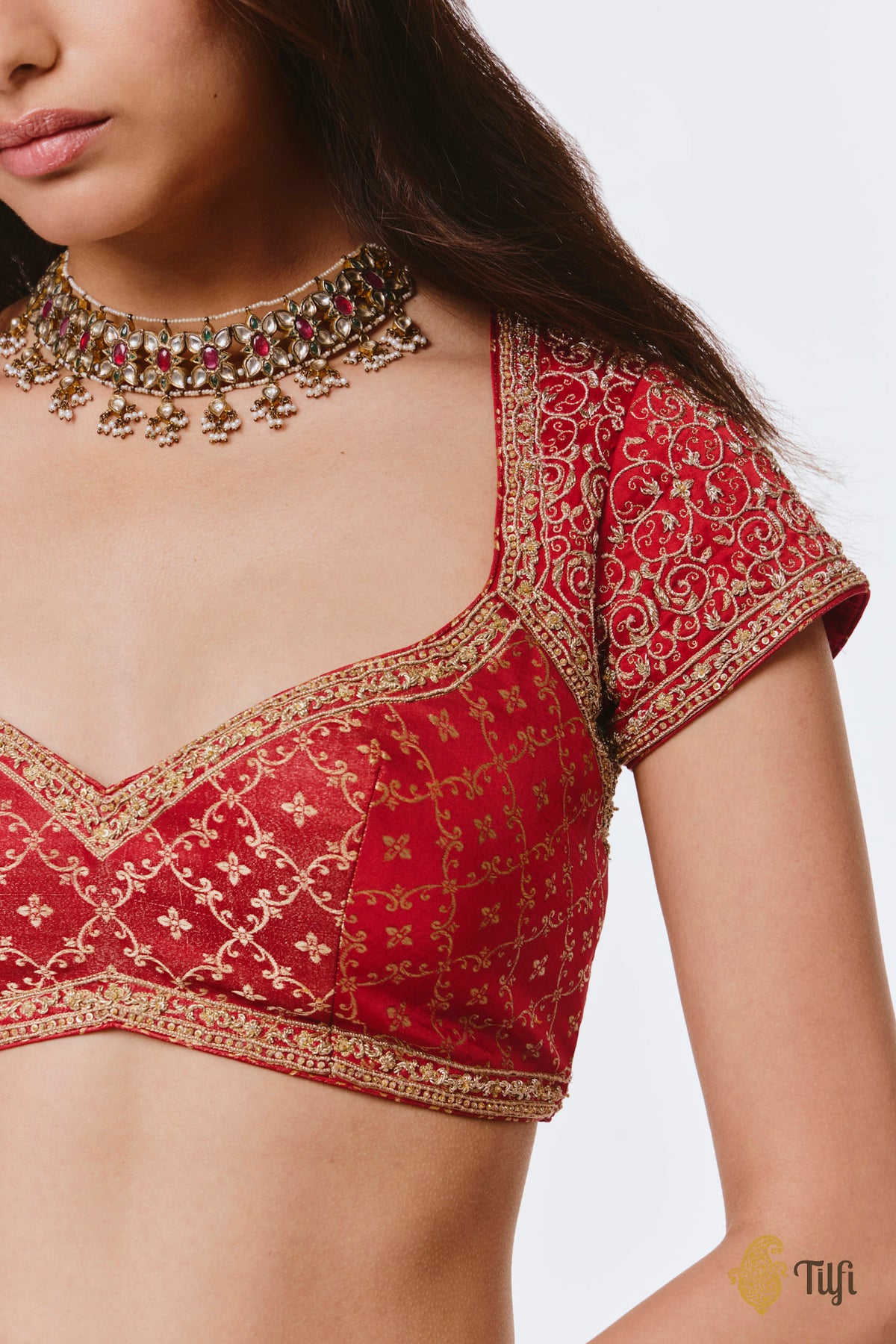 'Mohini' Red Pure Satin Silk Tissue Lehenga Set