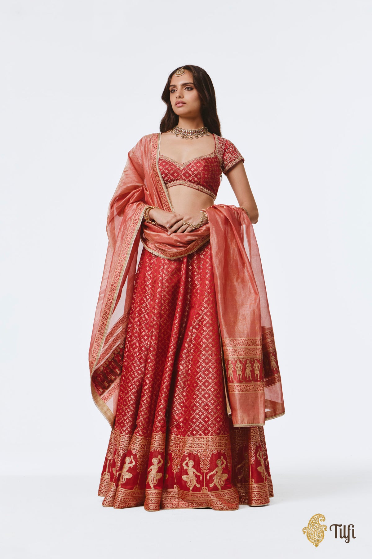 'Mohini' Red Pure Satin Silk Tissue Lehenga Set