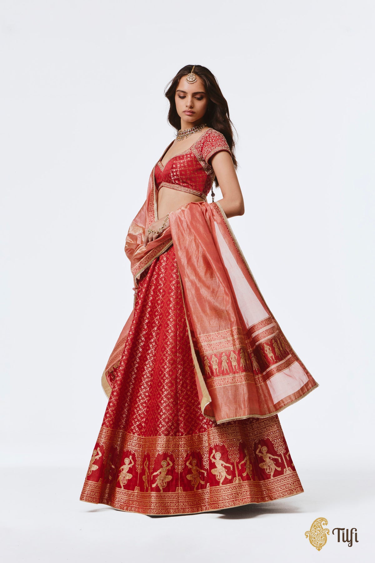 'Mohini' Red Pure Satin Silk Tissue Lehenga Set
