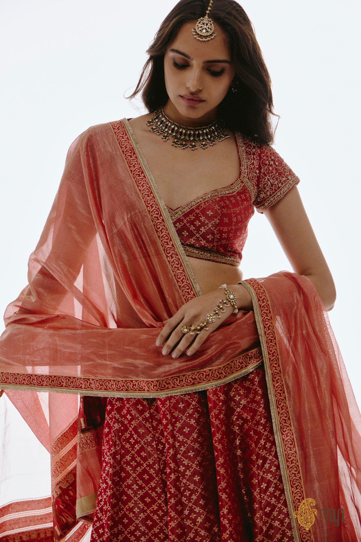 'Mohini' Red Pure Satin Silk Tissue Lehenga Set