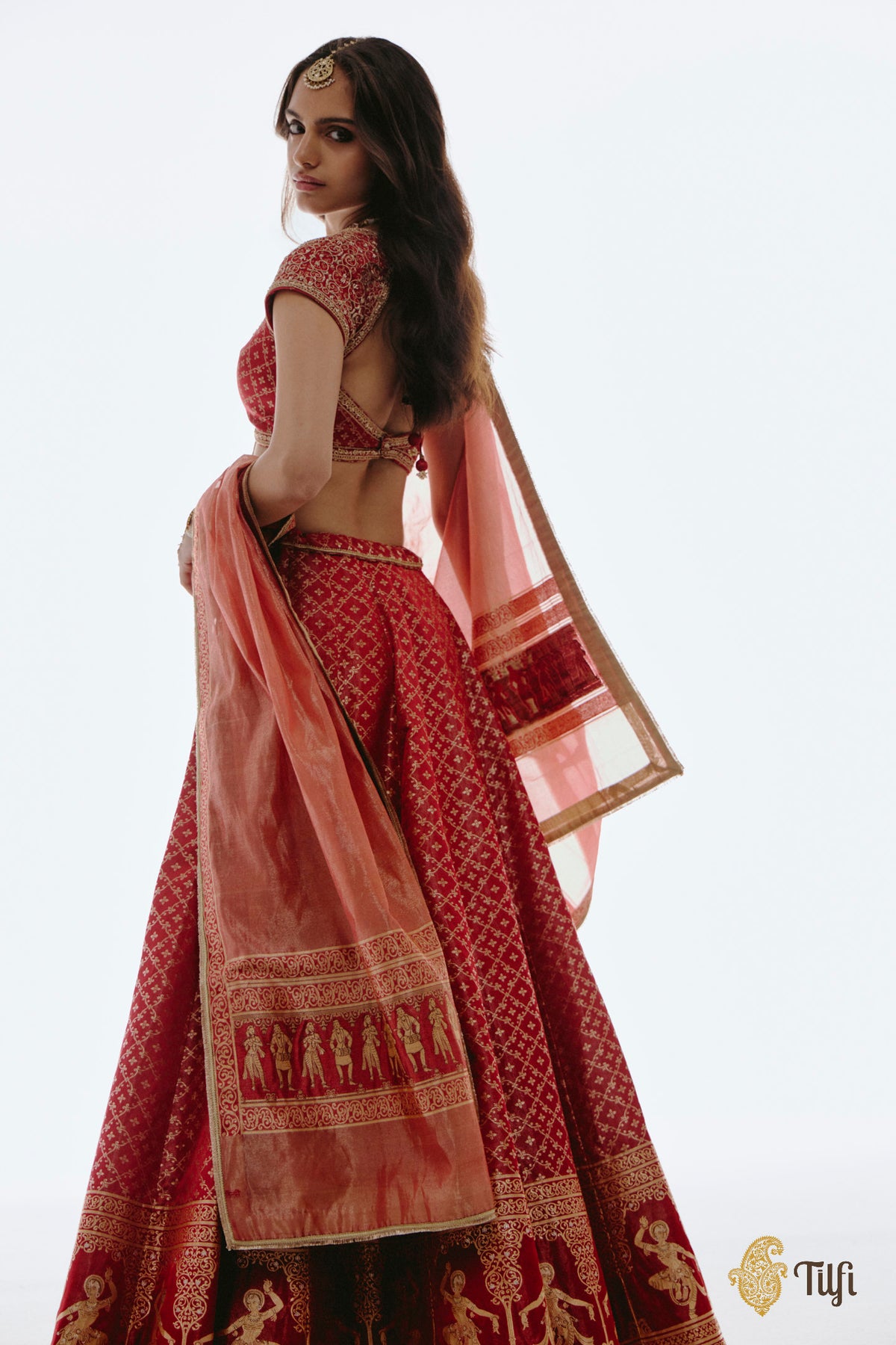 'Mohini' Red Pure Satin Silk Tissue Lehenga Set