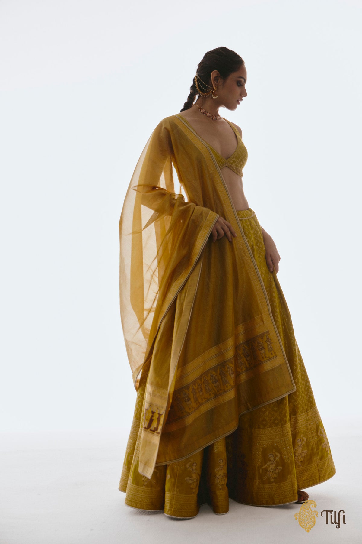 'Mohini' Yellow Pure Satin Silk Tissue Lehenga Set
