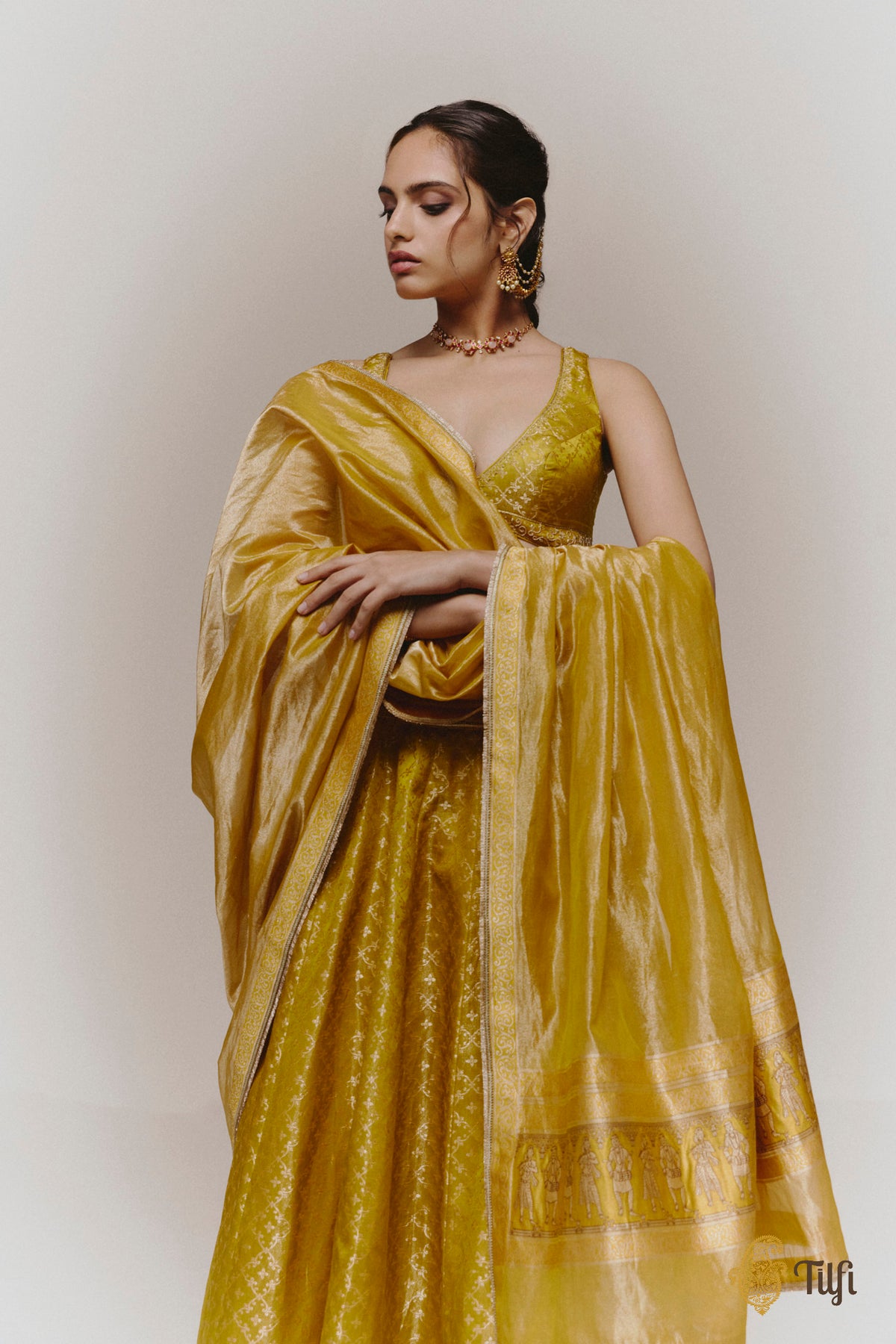 'Mohini' Yellow Pure Satin Silk Tissue Lehenga Set