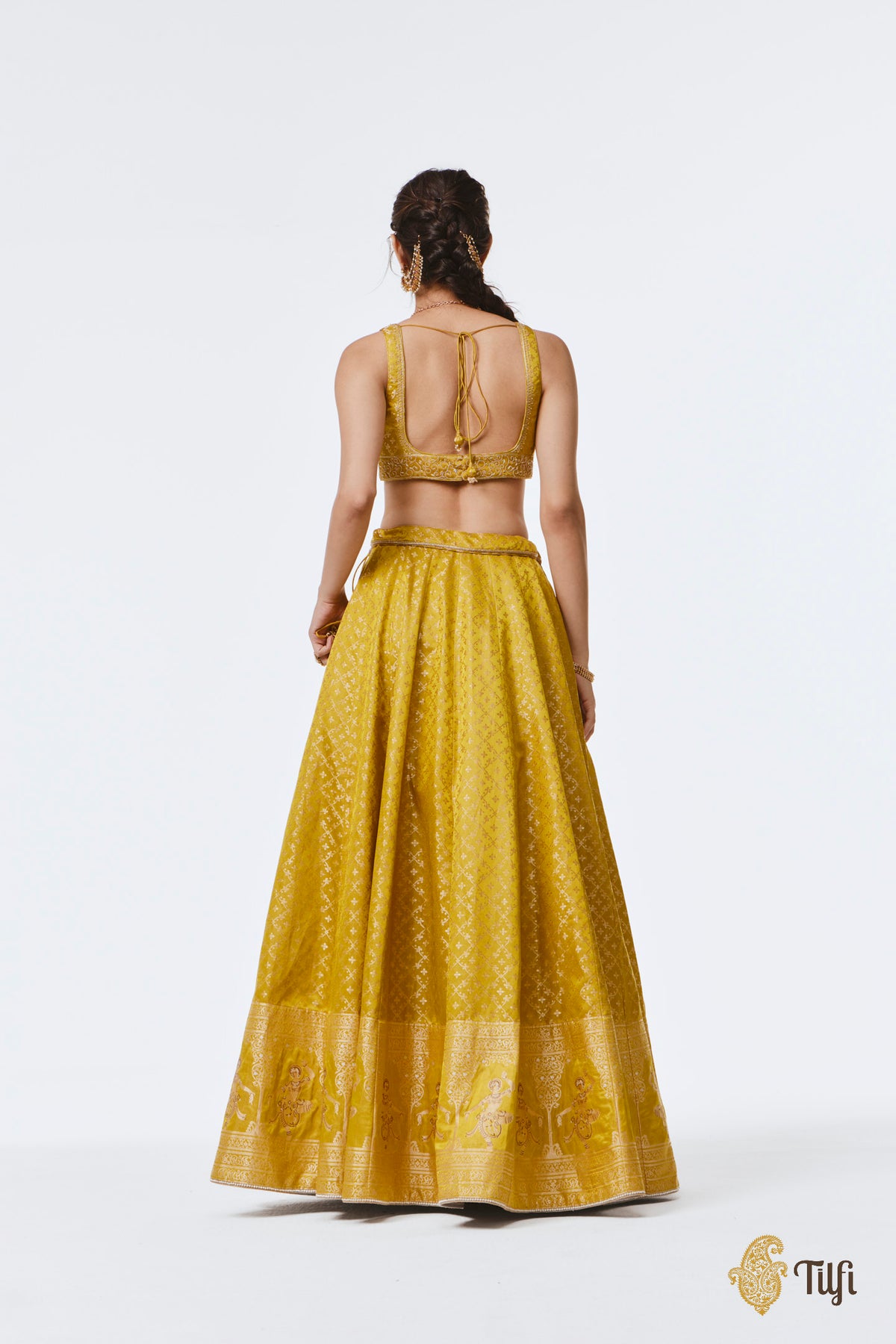 'Mohini' Yellow Pure Satin Silk Tissue Lehenga Set