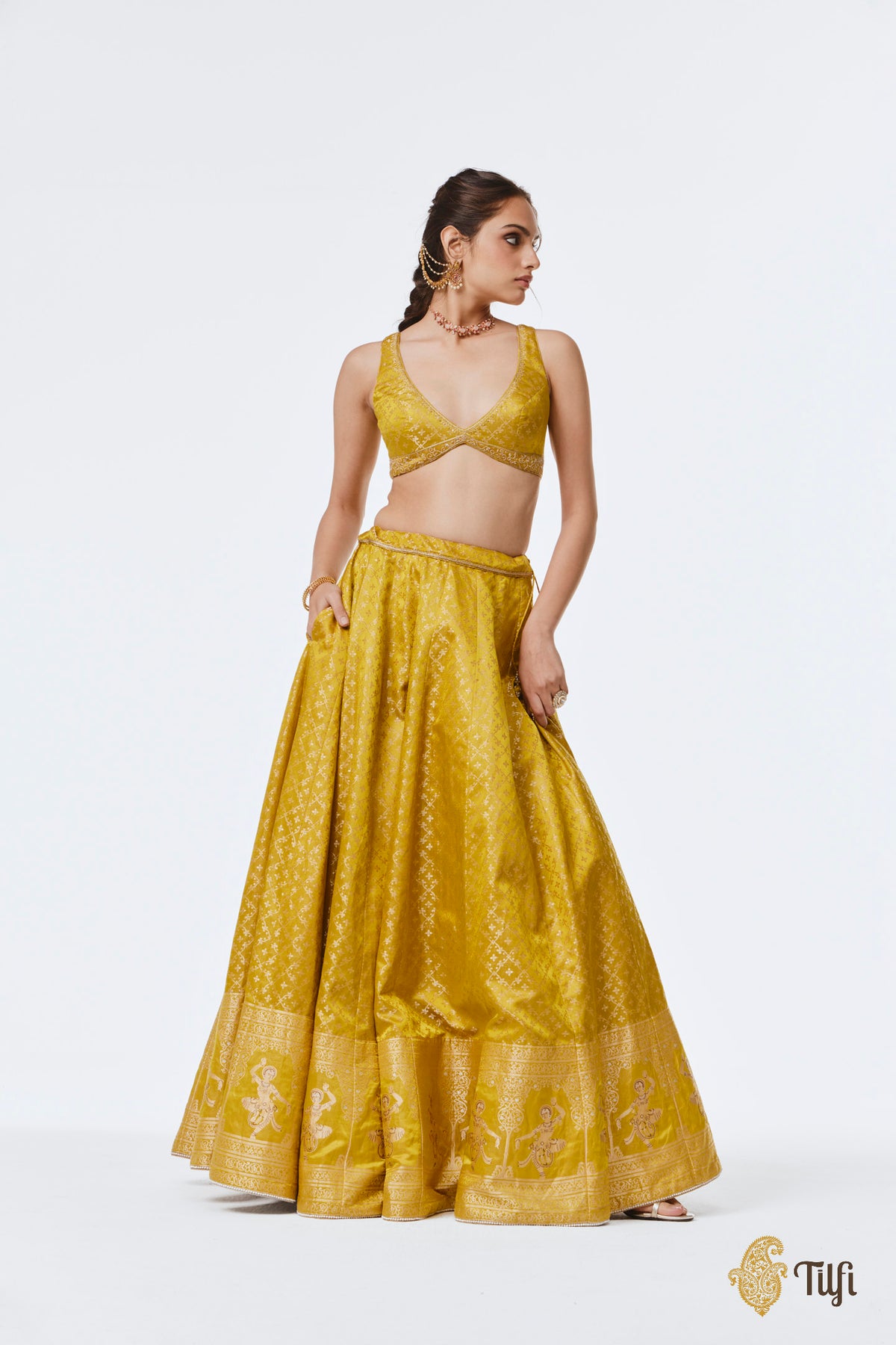 'Mohini' Yellow Pure Satin Silk Tissue Lehenga Set