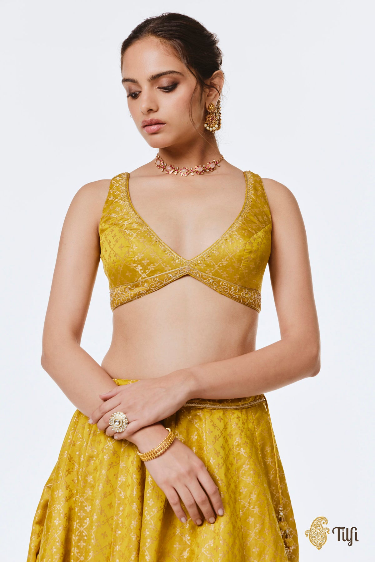 'Mohini' Yellow Pure Satin Silk Tissue Lehenga Set