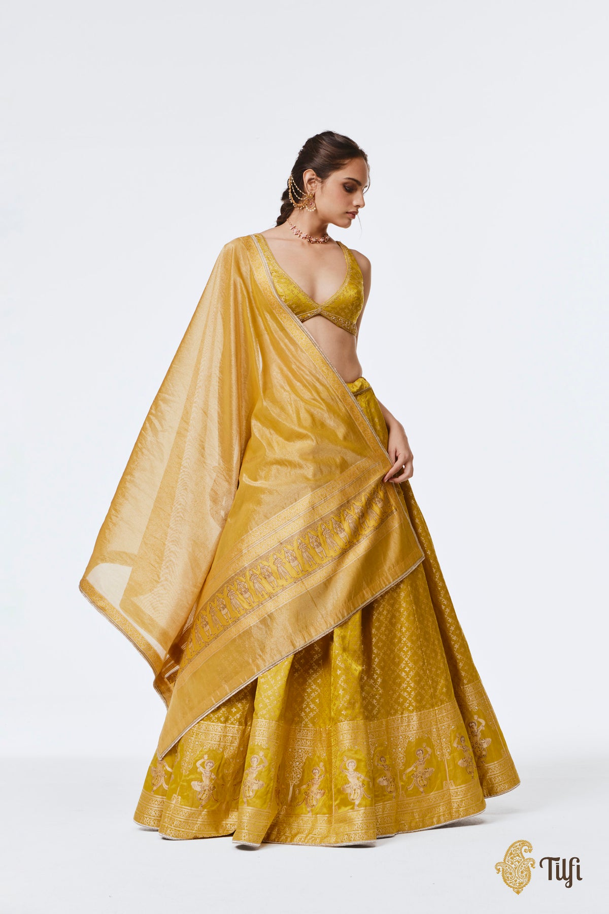 'Mohini' Yellow Pure Satin Silk Tissue Lehenga Set