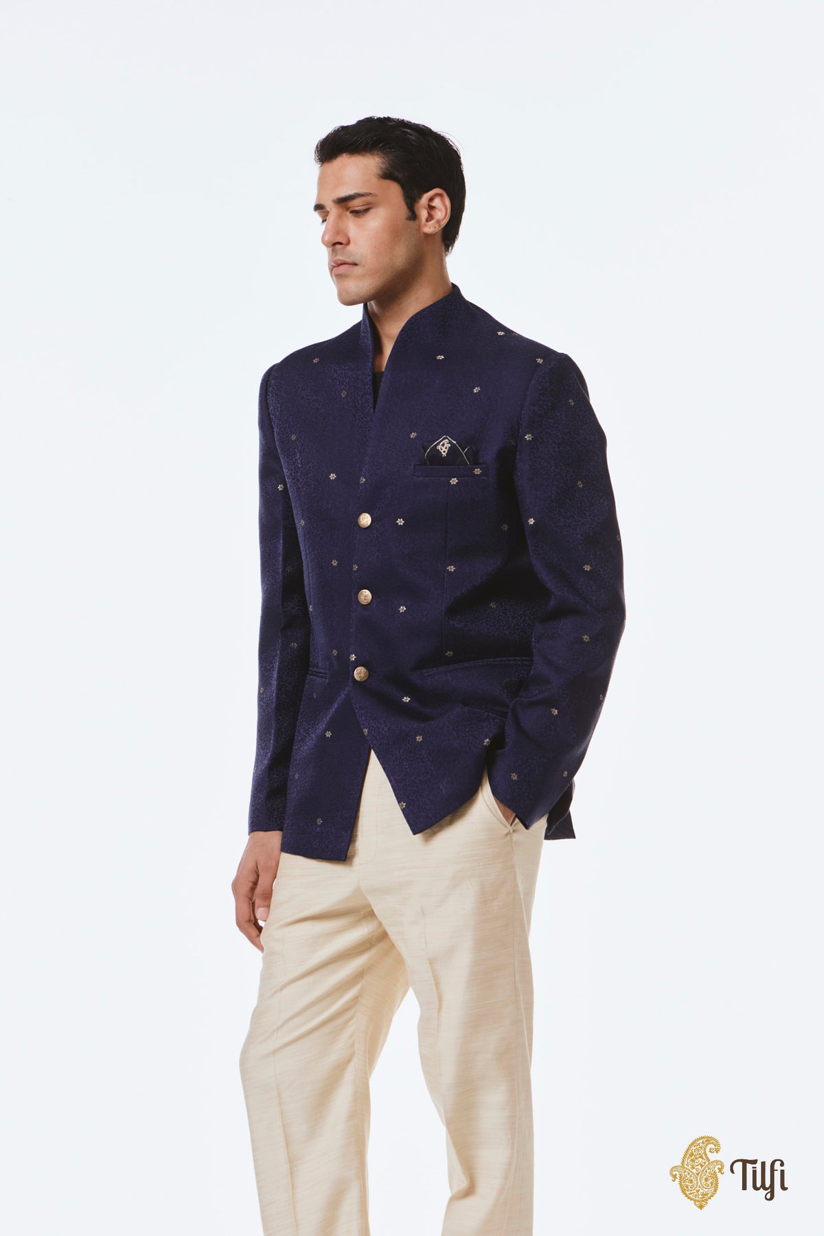 Deep Blue Pure Satin Silk Tanchoi Handwoven Jacket