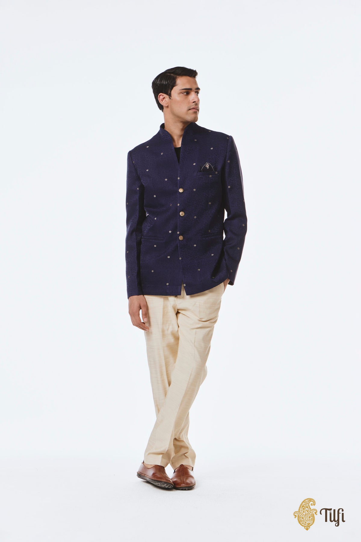 Deep Blue Pure Satin Silk Tanchoi Handwoven Jacket